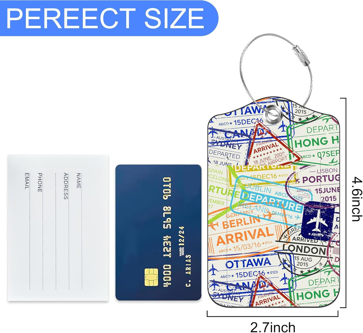 Creative Passport Stamp Luggage Tags Set of 2 Colorful Visa Stamps PU Leather Travel Baggage Tags