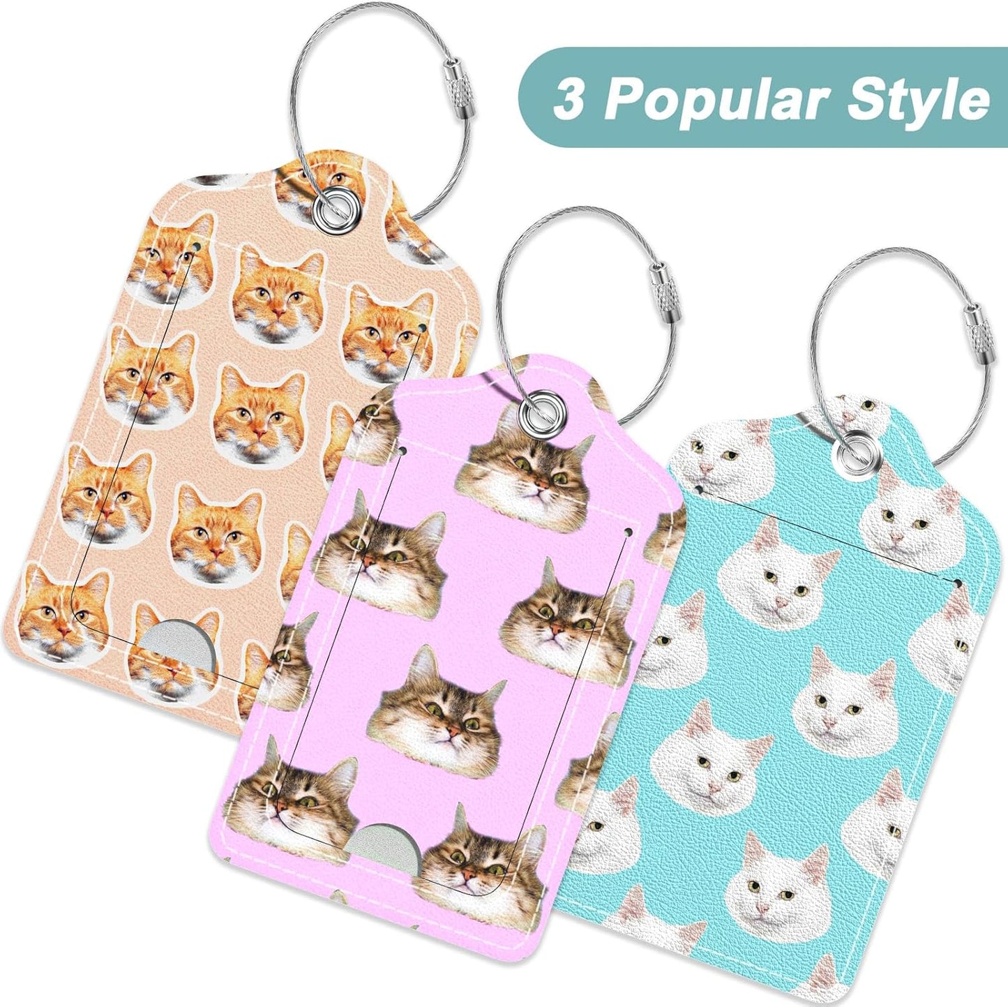 Rimilak 3 Pcs PU Leather Luggage Tags for Suitcase, Travel Cruise Luggage Tag with Privacy Flap, Name ID Label and Metal Loop for Women Men Baggage Handbag School Bag Backpack, Cute Cat