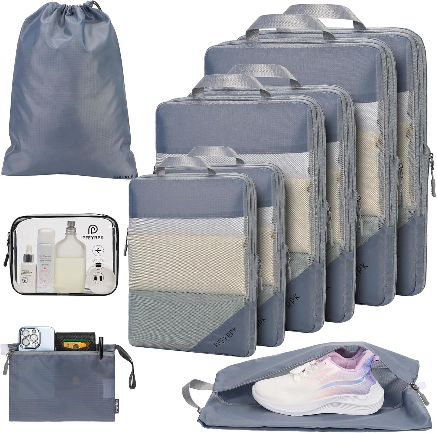 Lightweight Compression Packing Cubes for Suitcases, Compressible Expandable Travel Packing Organizer with Clear Toiletries and Backpack Bag, Travel Essentials for Carry on Luggage 7 Set
