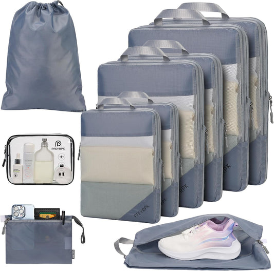 Lightweight Compression Packing Cubes for Suitcases, Compressible Expandable Travel Packing Organizer with Clear Toiletries and Backpack Bag, Travel Essentials for Carry on Luggage 7 Set