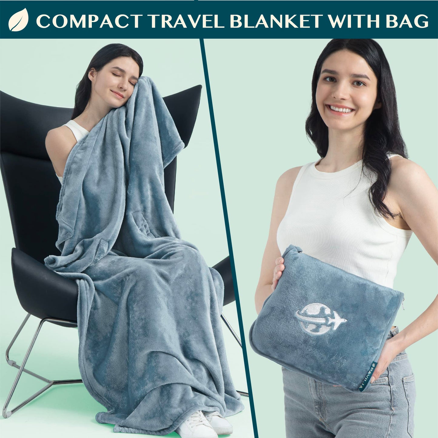 PAVILIA Travel Blanket and Pillow, Arms Opening Airplane Blankets for Adults, Compact Plane Blanket