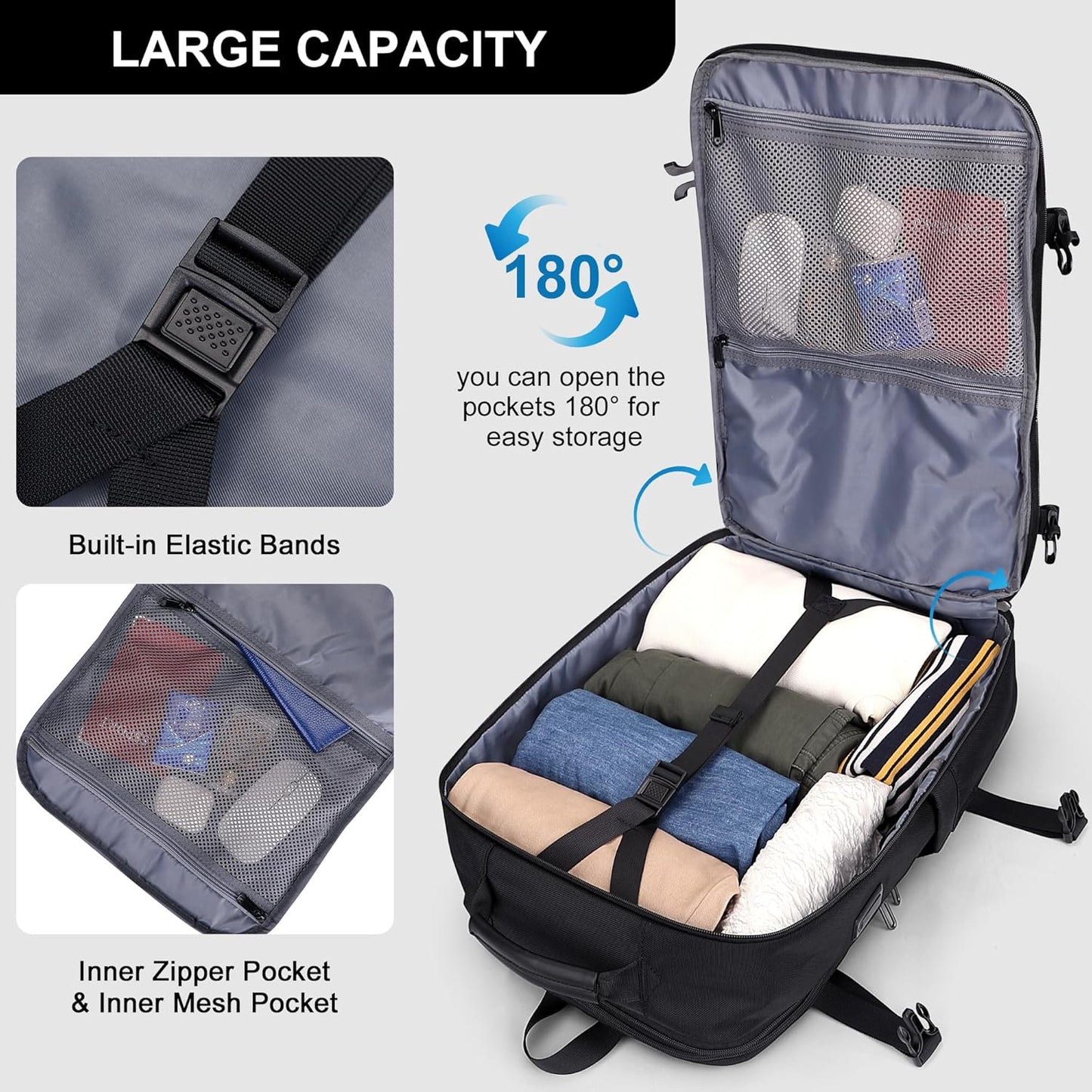 PIJUSHI Travel Backpack for Women Men Expandable Carry on Luggage Backpack Airline Approved Personal Item Laptop Bag(PE034 Black)