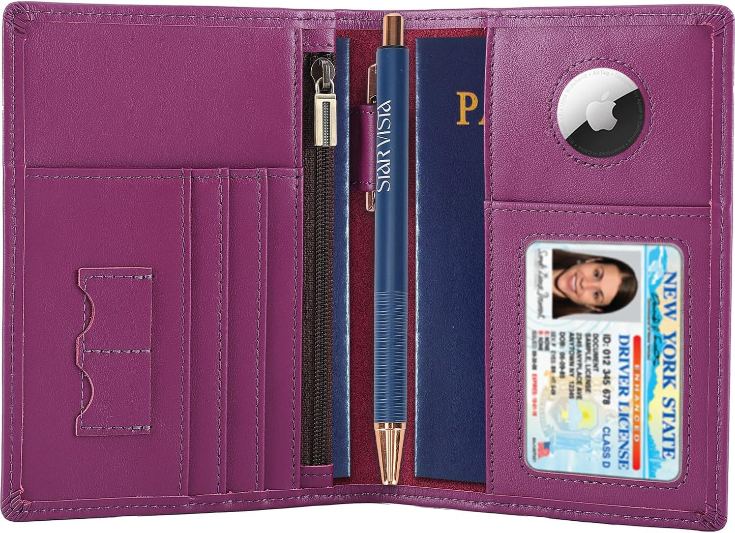 STAR VISTA Phoenix Leather Passport Holder, Calfskin Leather Travel Wallet - RFID Blocking, ID Window, Zipper Pocket, Pen & Notebook Included, AirTag Holder, Violet