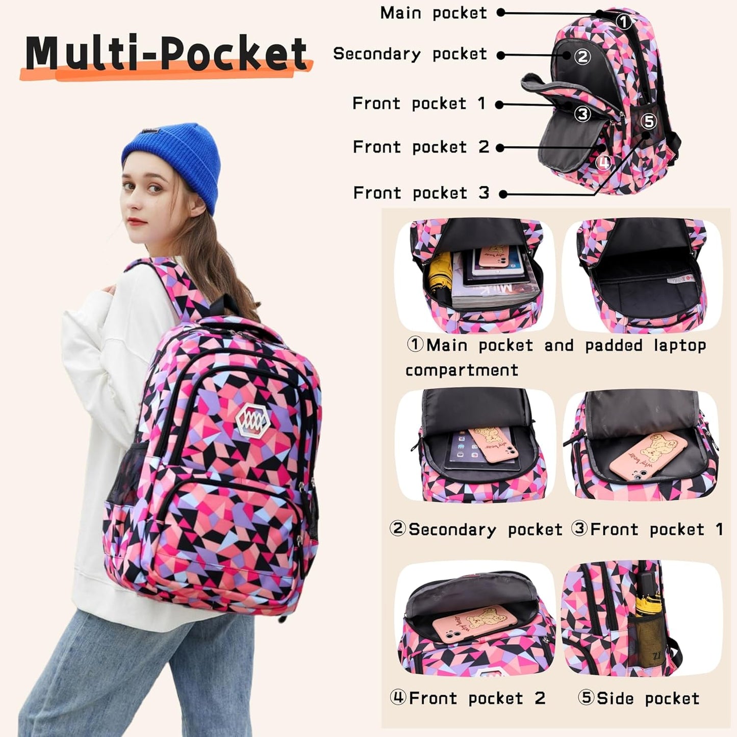 3Pcs Geometric Print School Backpack and Lunchbox Set for Girls, School Bag Girls Backpack for School Elementary Bookbags