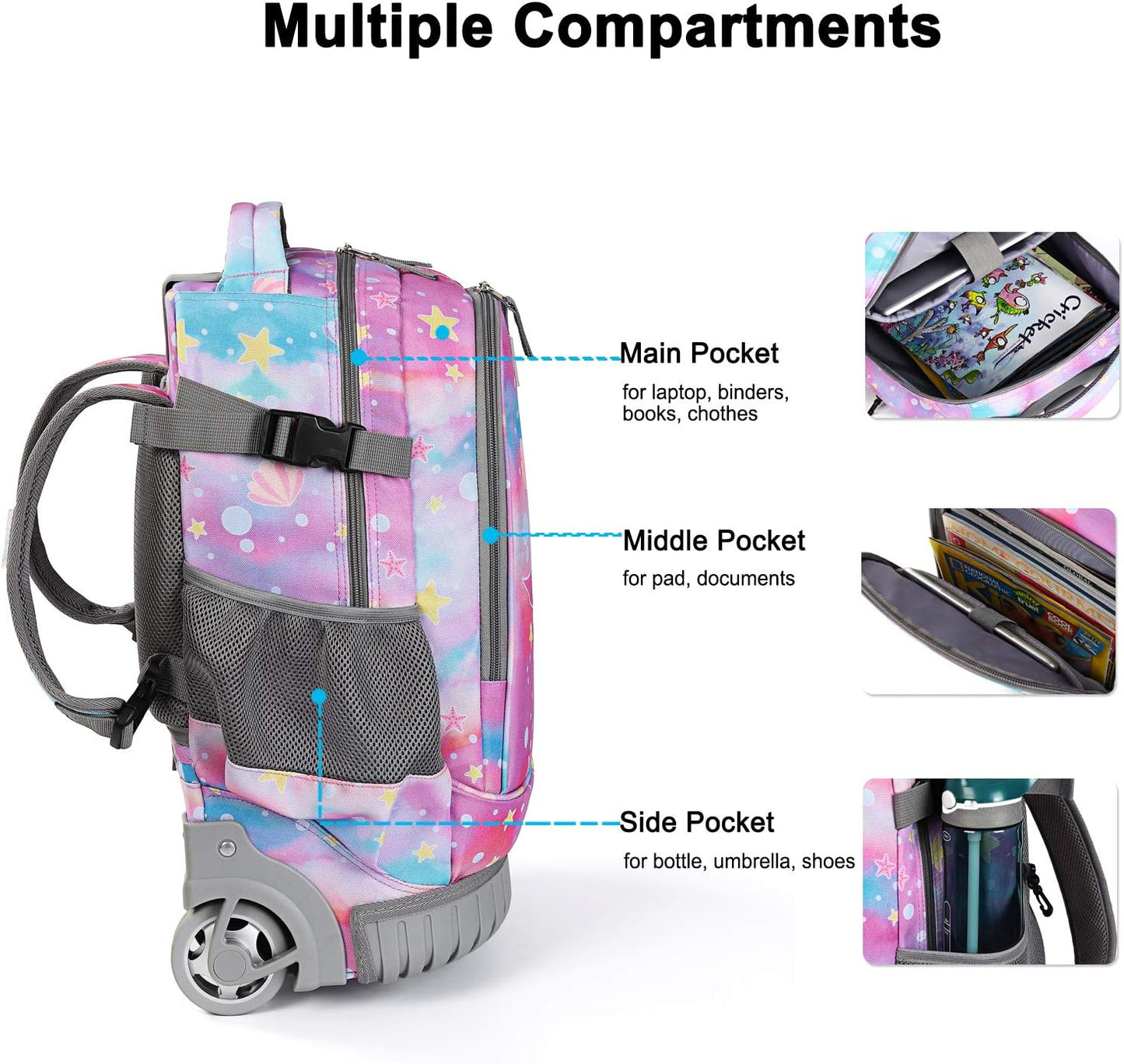 Tilami Rolling Backpack 19 inch Wheeled Cute LAPTOP Boys Girls Travel School Student Trip，Beautiful Tail