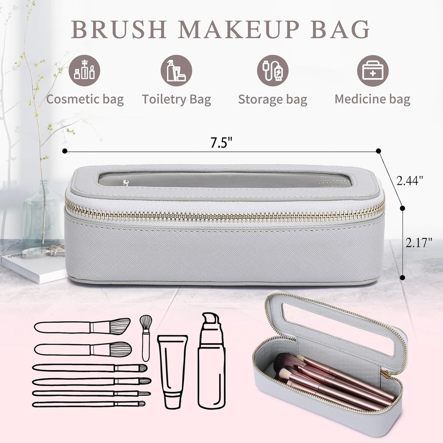 Clear Travel Makeup Bag with Brush Case Portable Transparent Cosmetic Bag and Toiletry Bag Waterproof Makeup Organizer with Zipper Car Essential for Women (Gray, M+Slim)