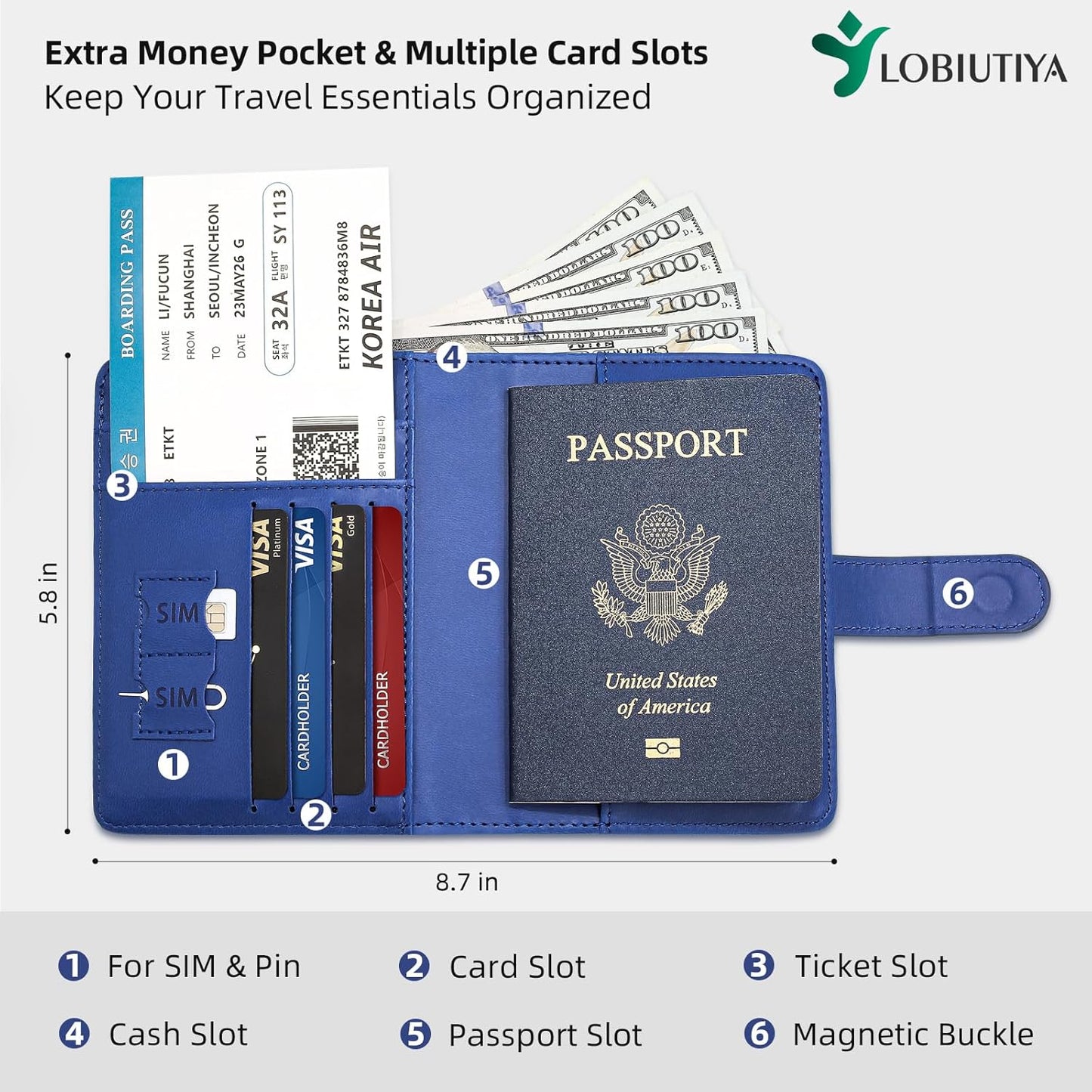 Passport Holder For Travel with Luggage Tag Cover – RFID Blocking Travel Passport Wallet Holder for Men/Family| PU Leather Passport Case with Extra Money Pocket/Magnetic Clasp, Blue