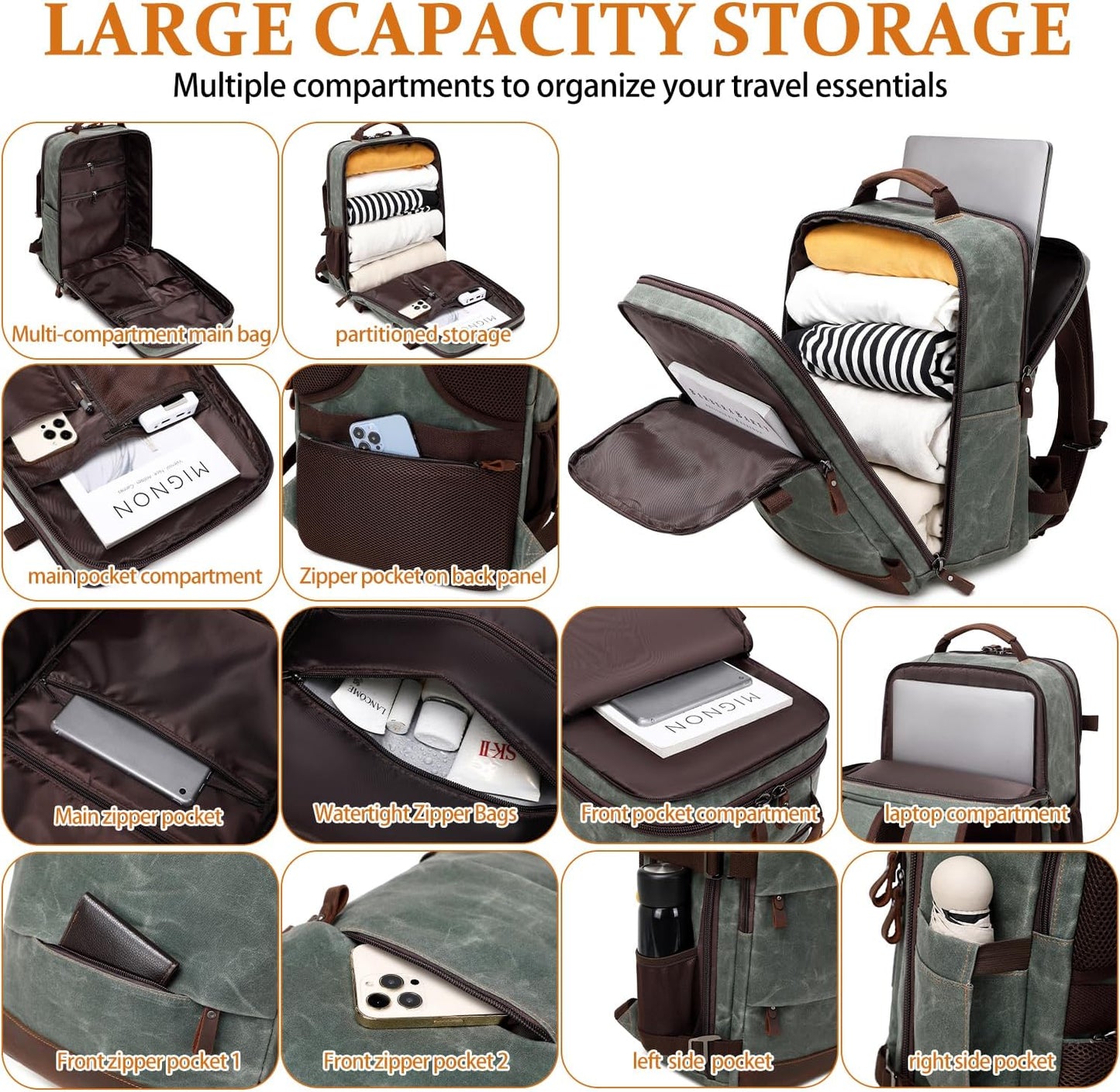 Travel Backpack for Men Carry On Backpack Flight Approved Personal Item Backpack, 17 inch Laptop Backpack Casual Daypack Weekender Business Hiking Backpack, Dark Green