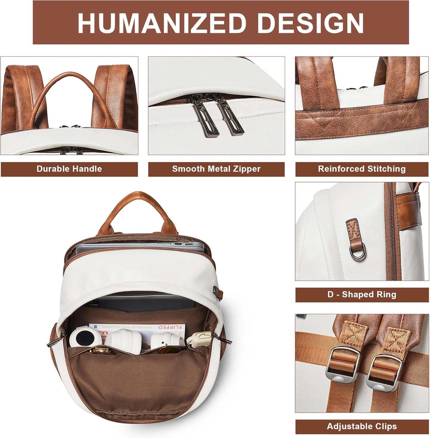 Computer Backpack for Women Soft Leather Back pack with 15.6 inch Laptop Compartment, Designer Ladies Travel Backpack, Beige