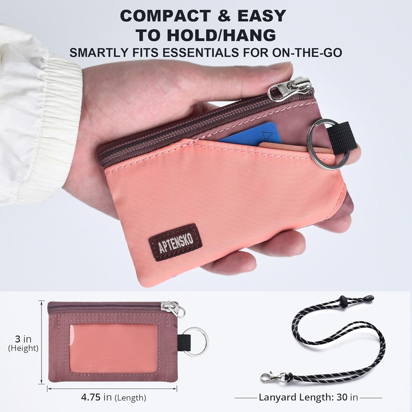 RFID Travel Wallet with Adjustable Lanyard-Zipper Small Wallet with ID Card Holder, Keychain for women&men-Minimalist Slim Waterproof Nylon case for ID, Cash, Key (CoralBlush+Mauve)