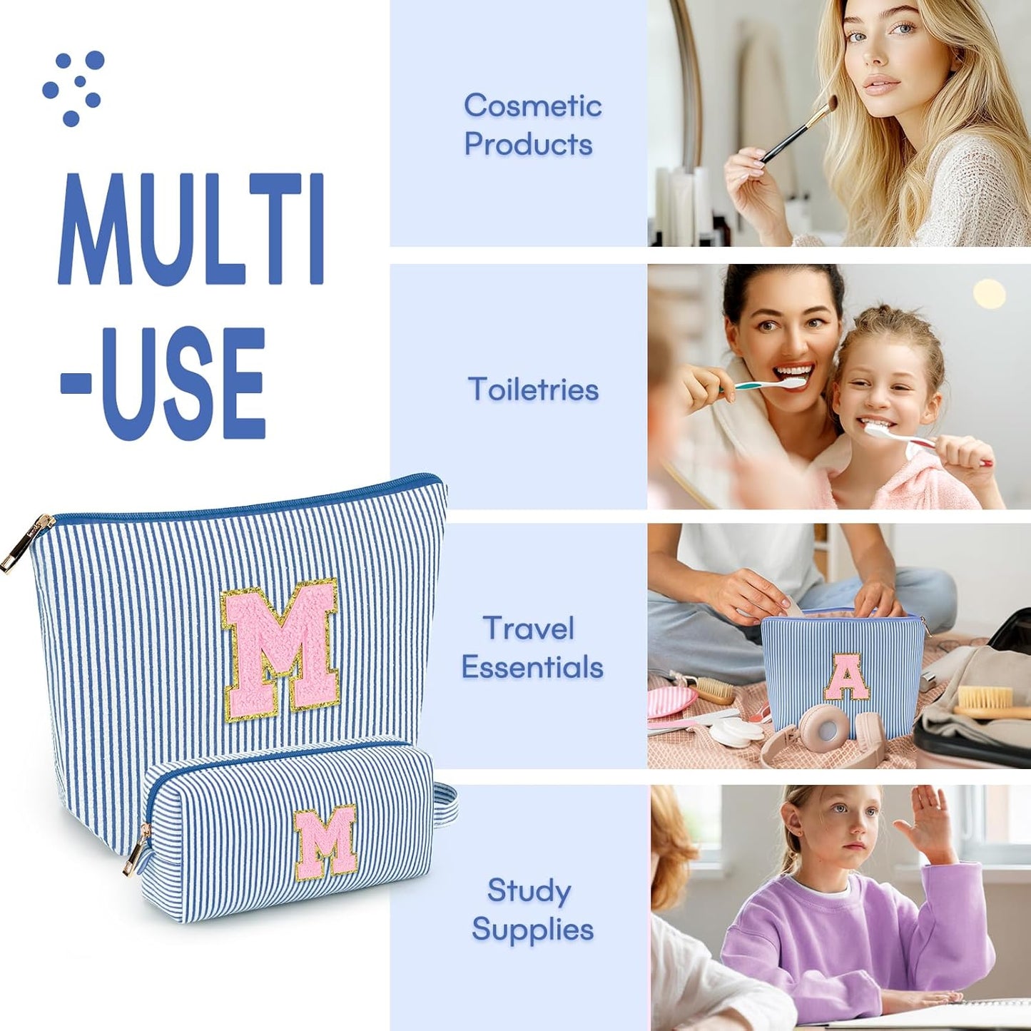 mibasies 2 PCS Initial Makeup Bags for Women: - Birthday Gifts for Teen Girls 11 12 13 14 15 16 Years Old - Preppy Trendy Stuff - Cosmetic Bag for Travel Toiletry - Blue M