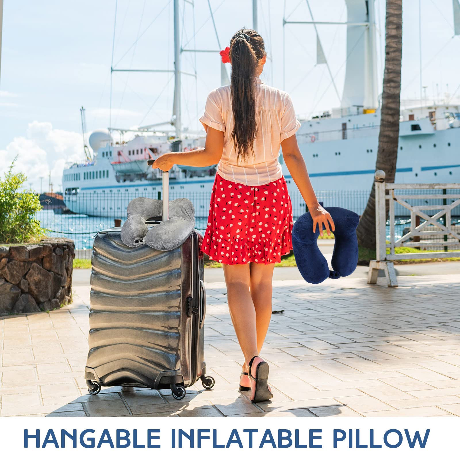 Sintuff 2 Inflatable Neck Pillow Airplane Travel, Light Gray and Dark Blue
