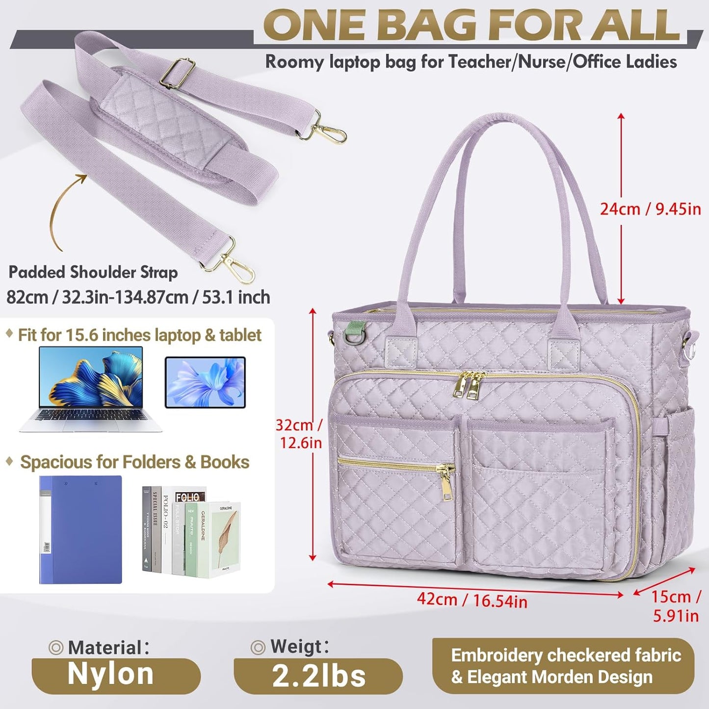 RAINSMORE Teacher Tote Bag 15.6 inch Laptop Bag for Women Work Bags Laptop Tote Nurse Bag Professional Computer Messenger with Insulated Pocket, Laptop Briefcase for Office, College, Gray Lilac