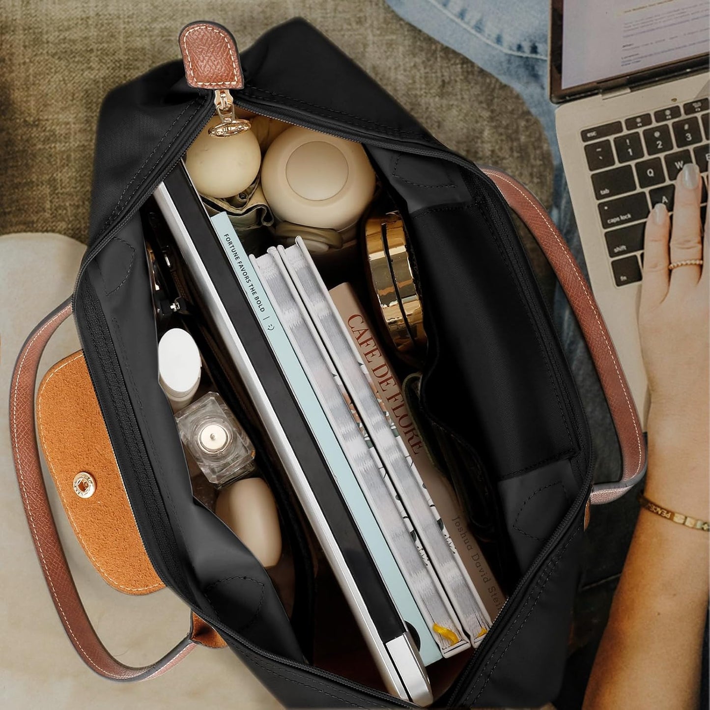 Tote Bag for Women with Purse Organizer Insert, Foldable Large Capacity Waterproof Nylon Bag for Travel, and Daily Use