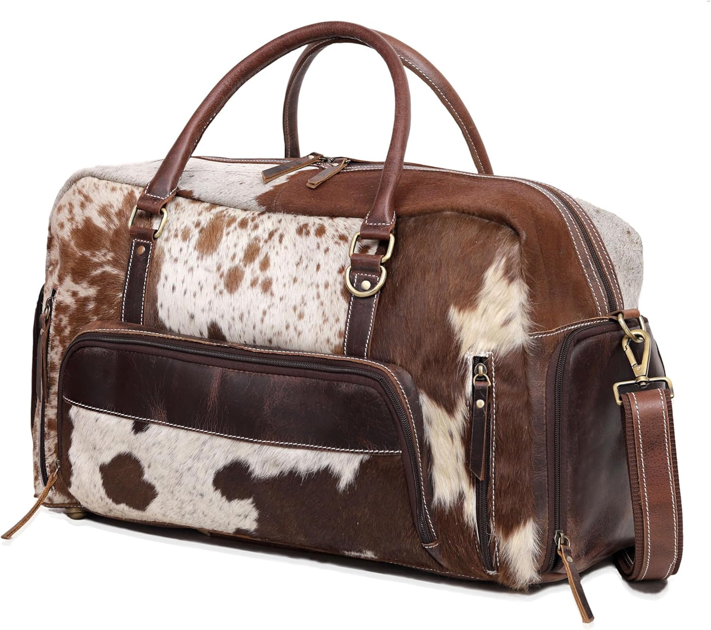 Leather Duffel Bag for Men & Women, Genuine Weekender Travel Bag, Handmade Overnight Gym Bag with Shoulder Strap, Carry-On for Business & Outdoor Travel (Yukon Hair Duffle, Brown & White, 22 Inch)