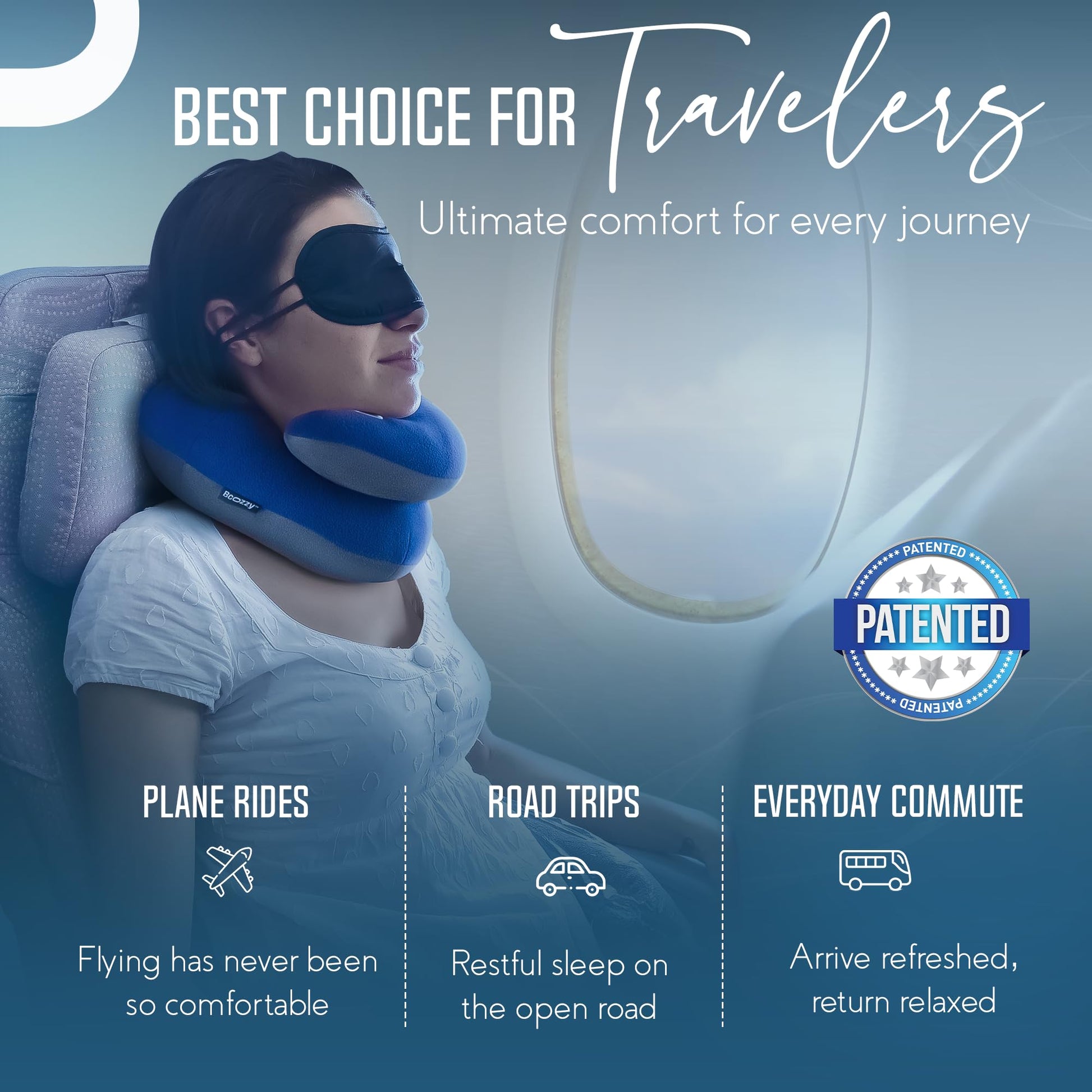 BCOZZY Travel Neck Pillow for Airplane – Patented Double Support for Head, Neck, and Chin. Best for
