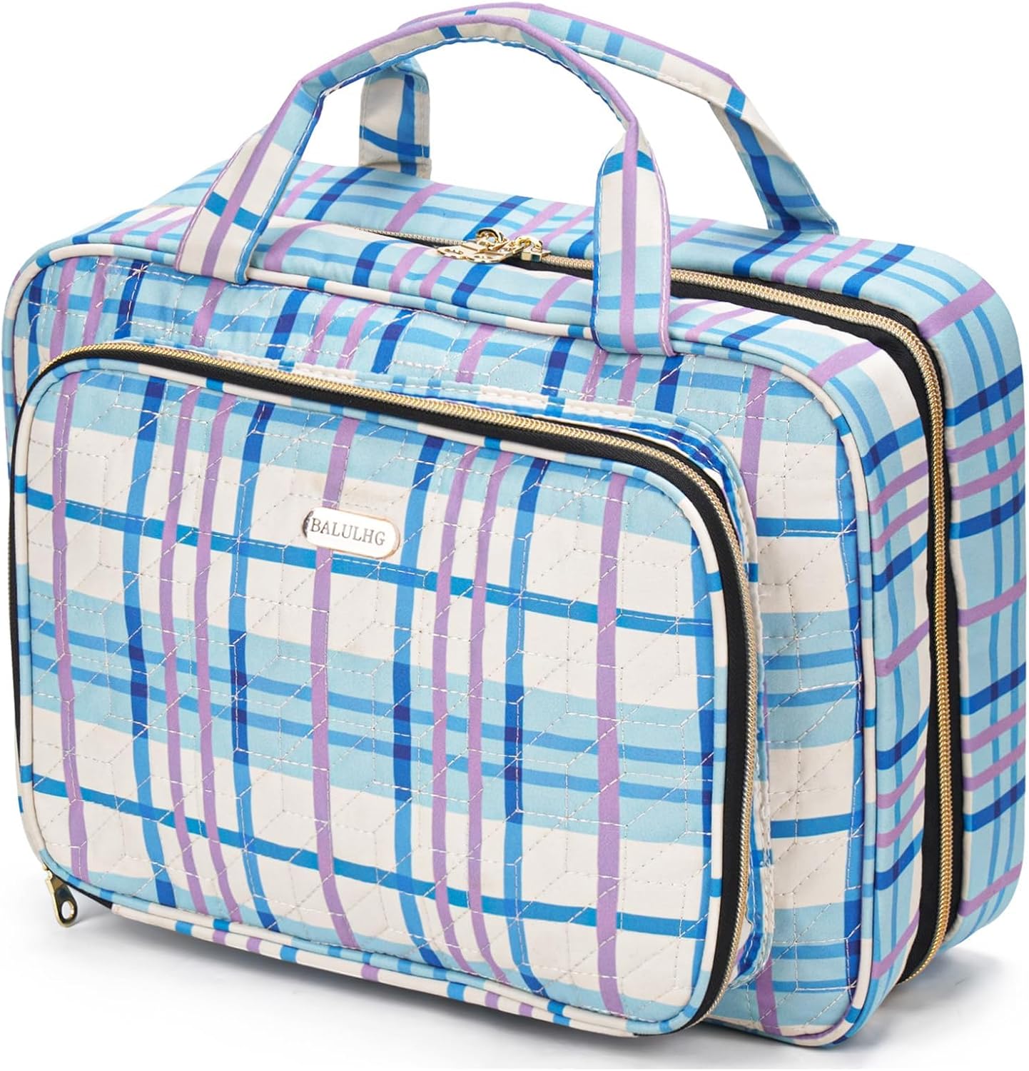 Travel Hanging Toiletry Bag for Women,Makeup Bag Cosmetic Organizer Waterproof with Hanging Hook Multiple Pockets for Women Travel Essentials Plaid Blue