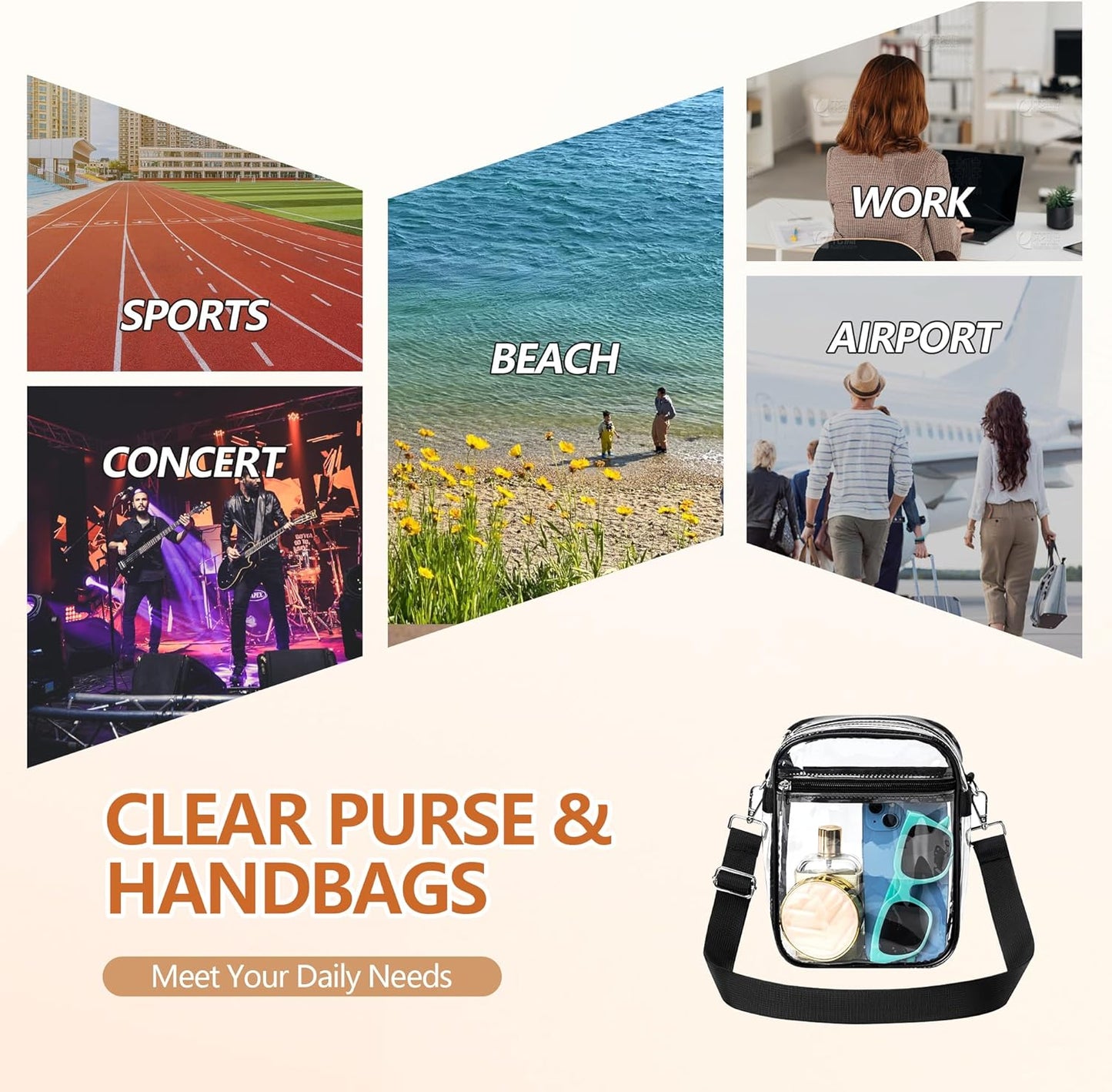 Clear Bag for Stadium Events, Clear Purse with Removable Strap, Messenger Bag for Concert Work Sports and Fetivals