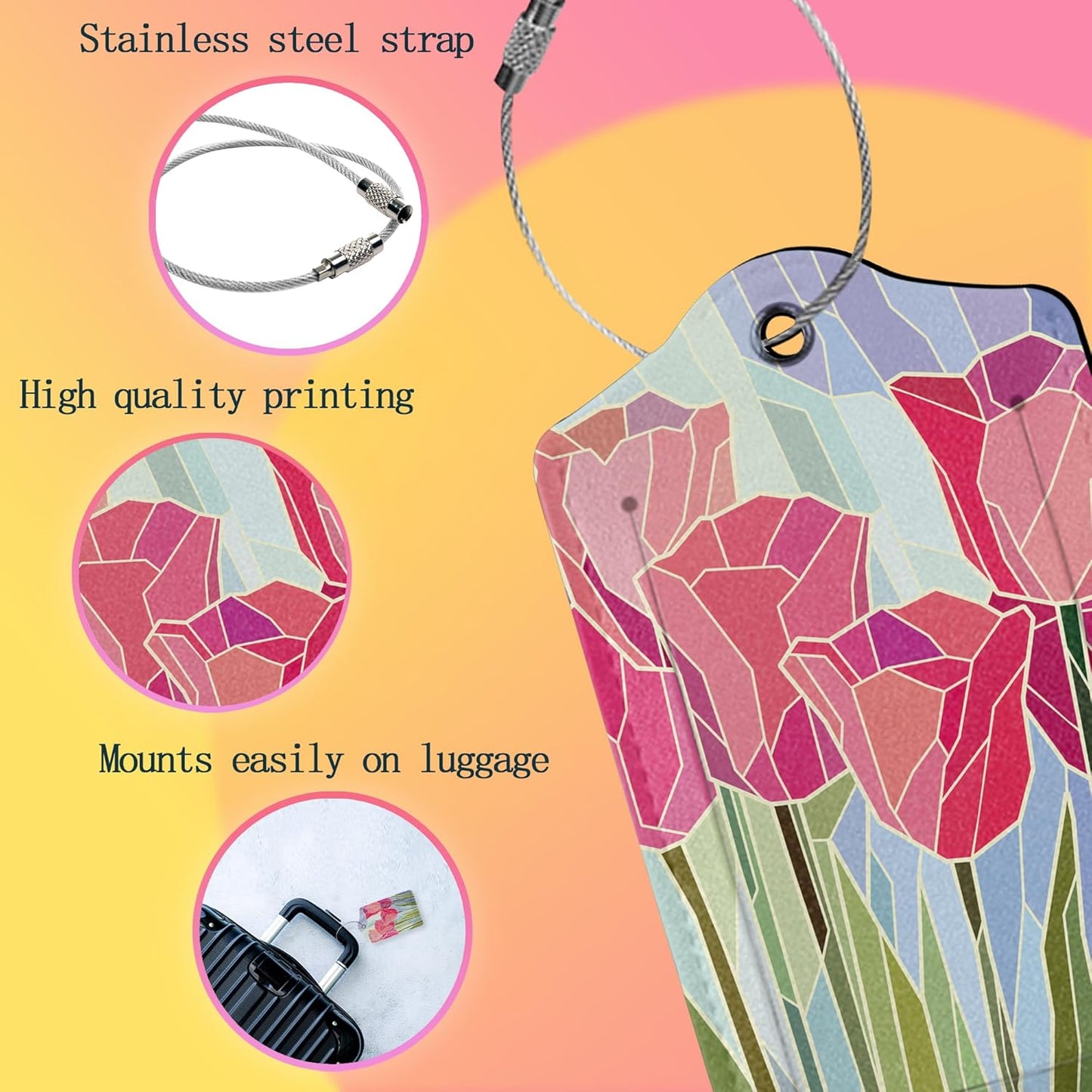 Luggage Tags for suitcases,2 Pack Pink Tulip Luggage Tag,Leather Stainless Steel Loop Label Tag for Women Men Girls Travel Bag Suitcase