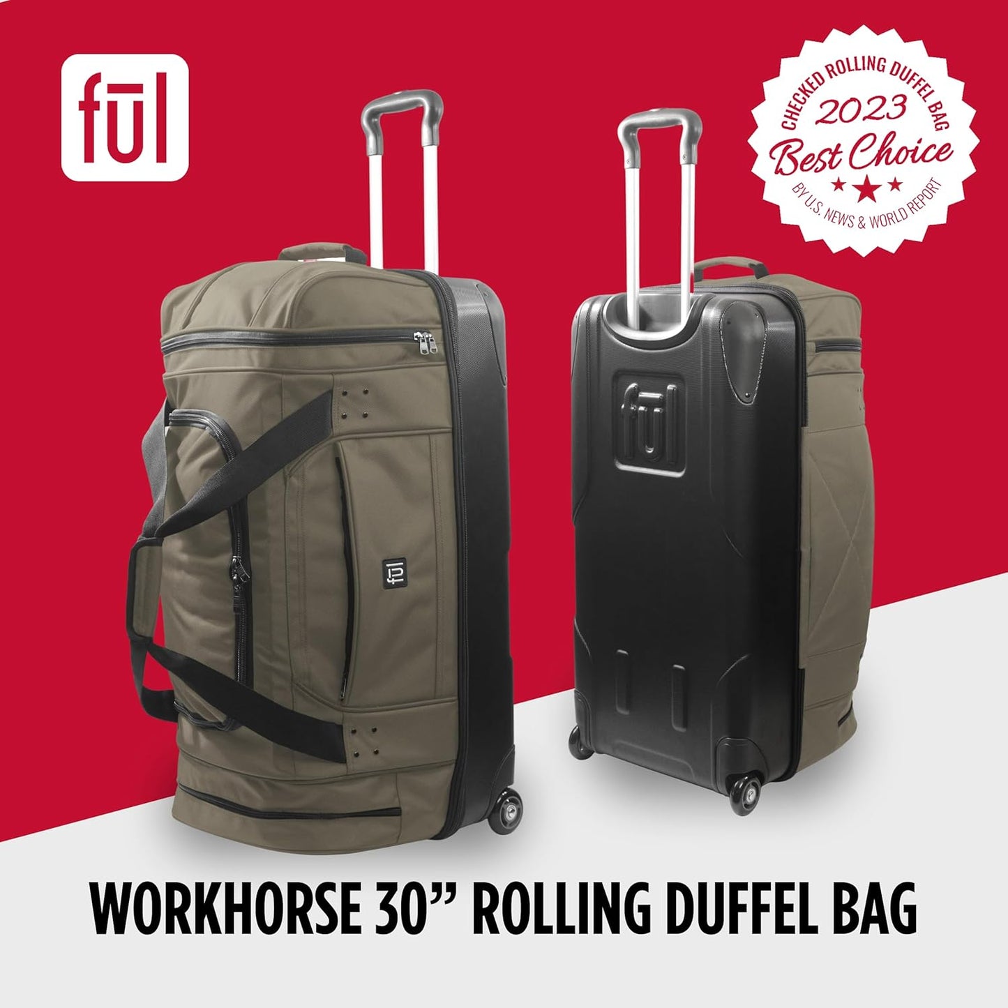 FUL Workhorse 30 Inch Rolling Duffel Bag, Checked Travel Luggage with Hardshell Base and Wheels