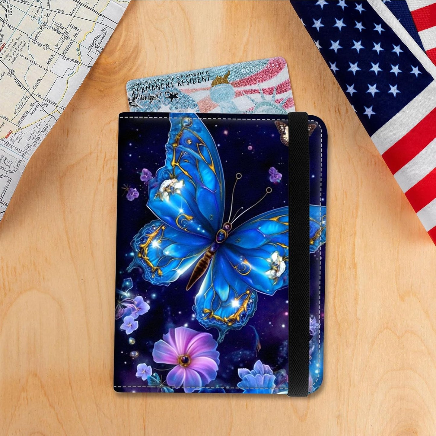 Passport Holder Cover Wallet Travel Essentials RFID Blocking Case Leather Passport Cover Wallet Vaccine Card Slot Organizer for Men Women, Blue Butterfly
