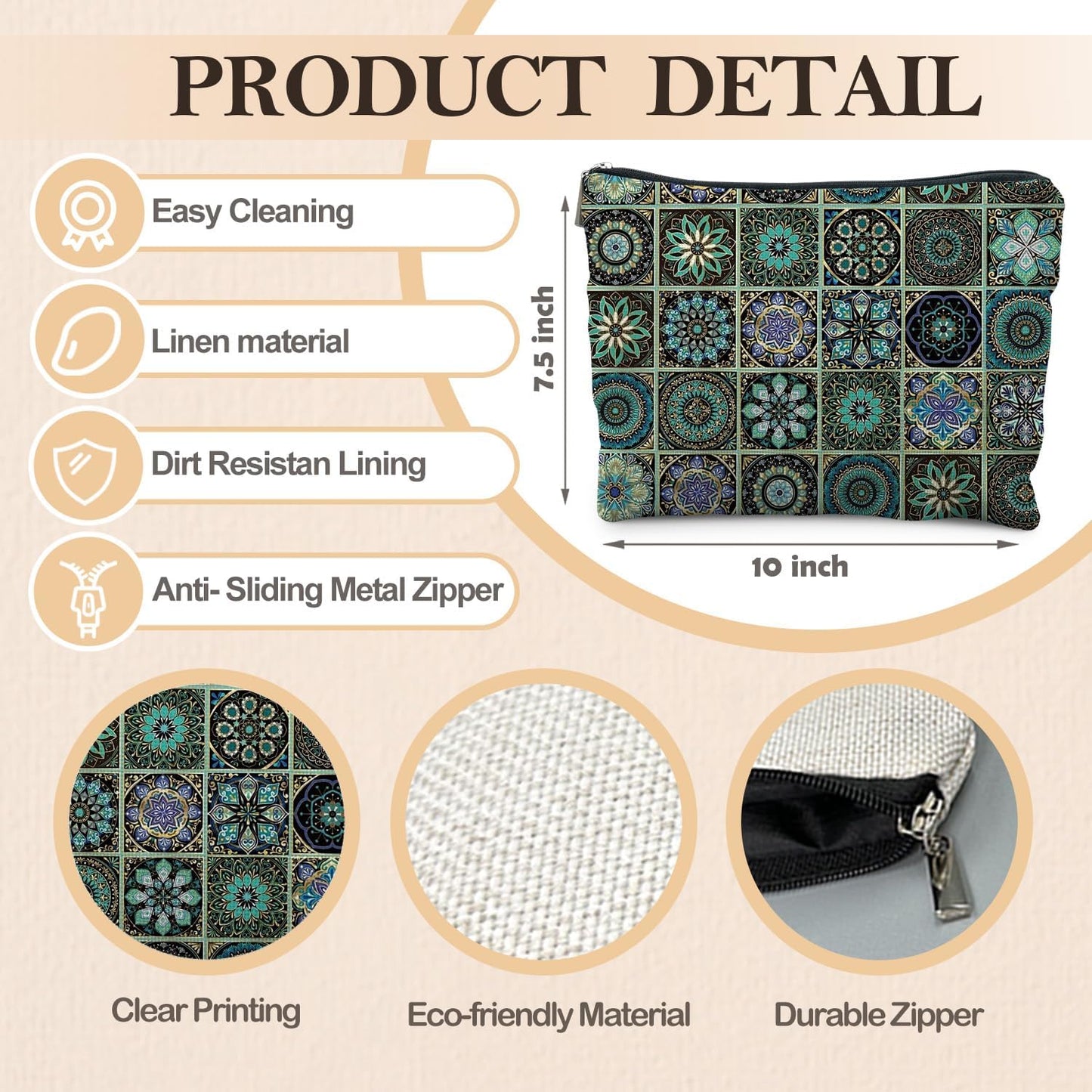 Vintage Boho Mandala Floral Makeup Bag, Ethnic Moroccan Mexican Talavera Tile Cosmetic Bags for Women, Mexican Gifts for Women, Traditional Green Block Print Zipper Makeup Pouch