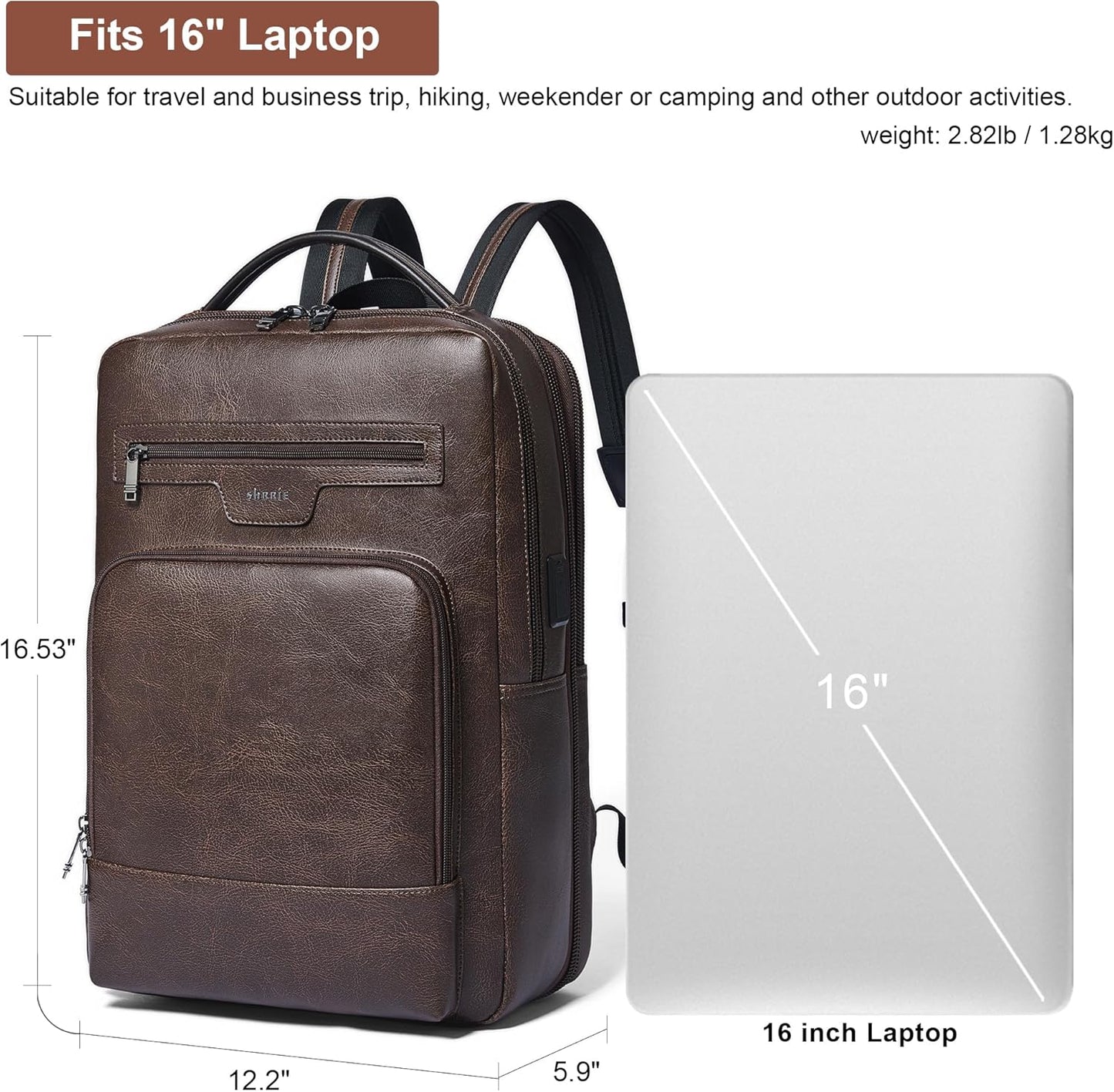 Shrrie Leather Laptop Backpack for Women and Men,28 L Travel Backpack Computer Bag Fits 16 inch Laptop,Expandable Casual Daypack with USB Charging Port for Work Business Weekender College,Coffee