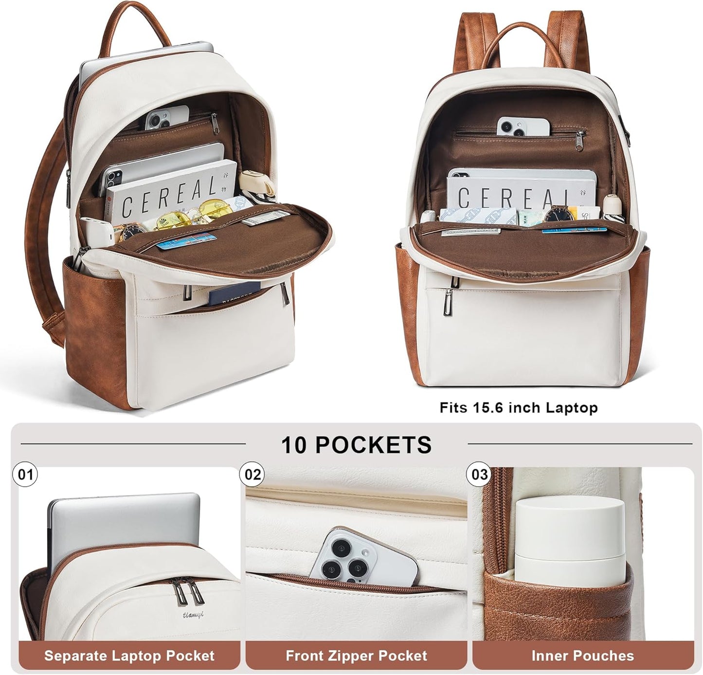 Leather Laptop Backpack for Women, Fits 15.6 Inch Laptop, Leather Backpack with 2 Water Bottle Pockets, Hidden Zipper and Luggage Strap, Ideal for Work, Travel, College, Everyday Use, Beige