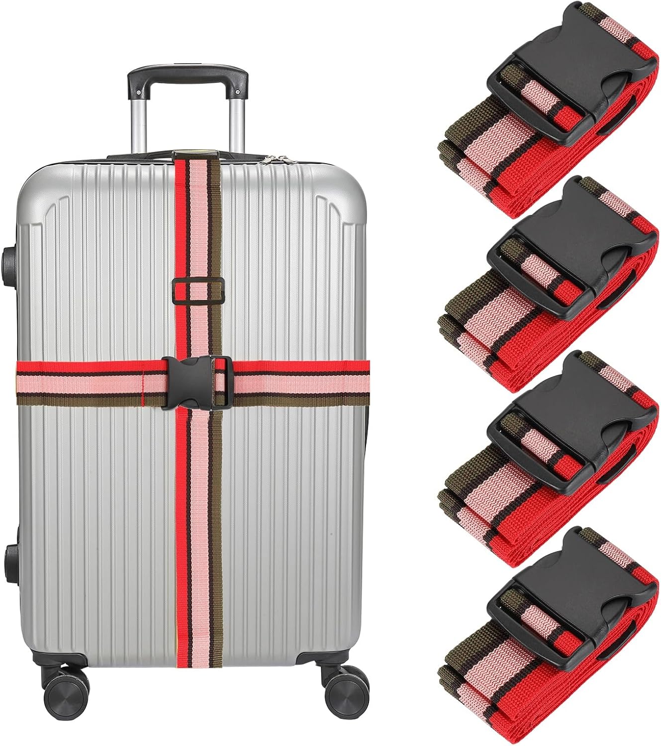 MECCANIXITY Luggage Straps with Quick-Release Buckle Adjustable Suitcase Belt Strap for Suitcase Briefcase Backpack Travel, Red-Pink-Green, Pack of 4