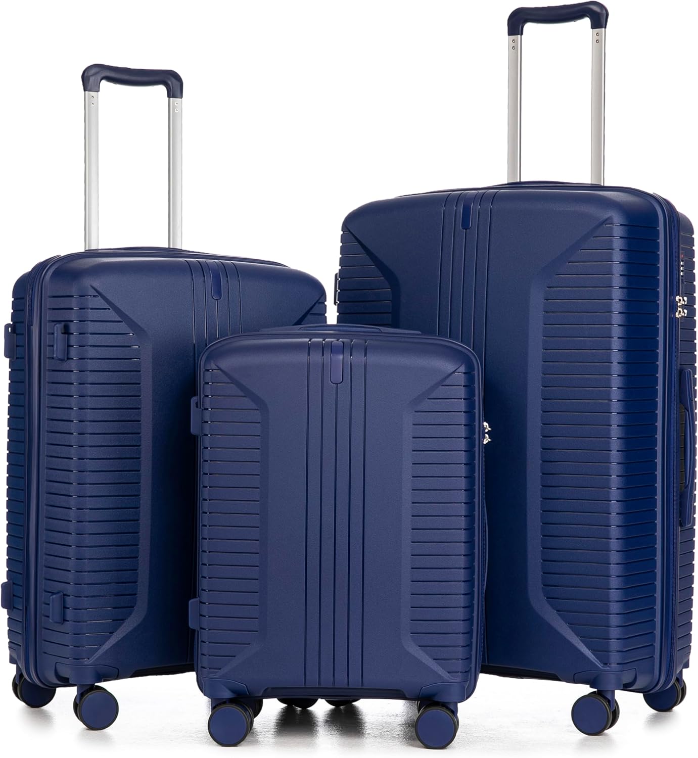 Campfun 3 Piece Luggage Sets, PP Suitcase Set with Double Spinner Wheels Hang Hook, Durable Carry On Luggage with Combination Lock, 20/24/28 inch, Blue