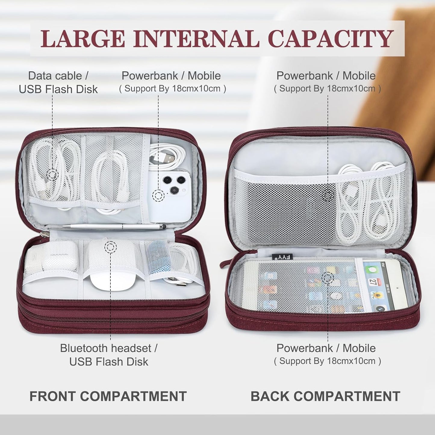 FYY Electronic Organizer, Large Travel Cable Organizer Bag Pouch Electronic Accessories Carry Case Portable Waterproof Double Layers All-in-One Storage Bag for Cable, Cord, Charger, Phone, Wine Red