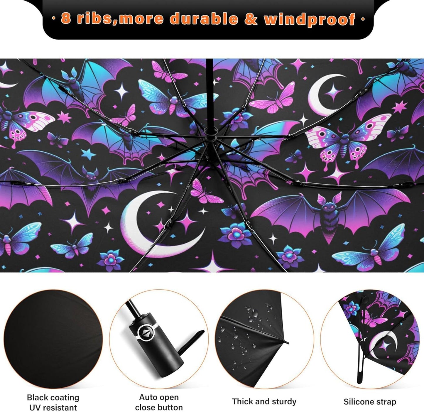 Automatic Folding Umbrella Windproof Strong, UV Protection Compact Black Gothic Moon Spider Webs and Bats Sun Rain Sun Rain Travel Umbrellas for Women Men