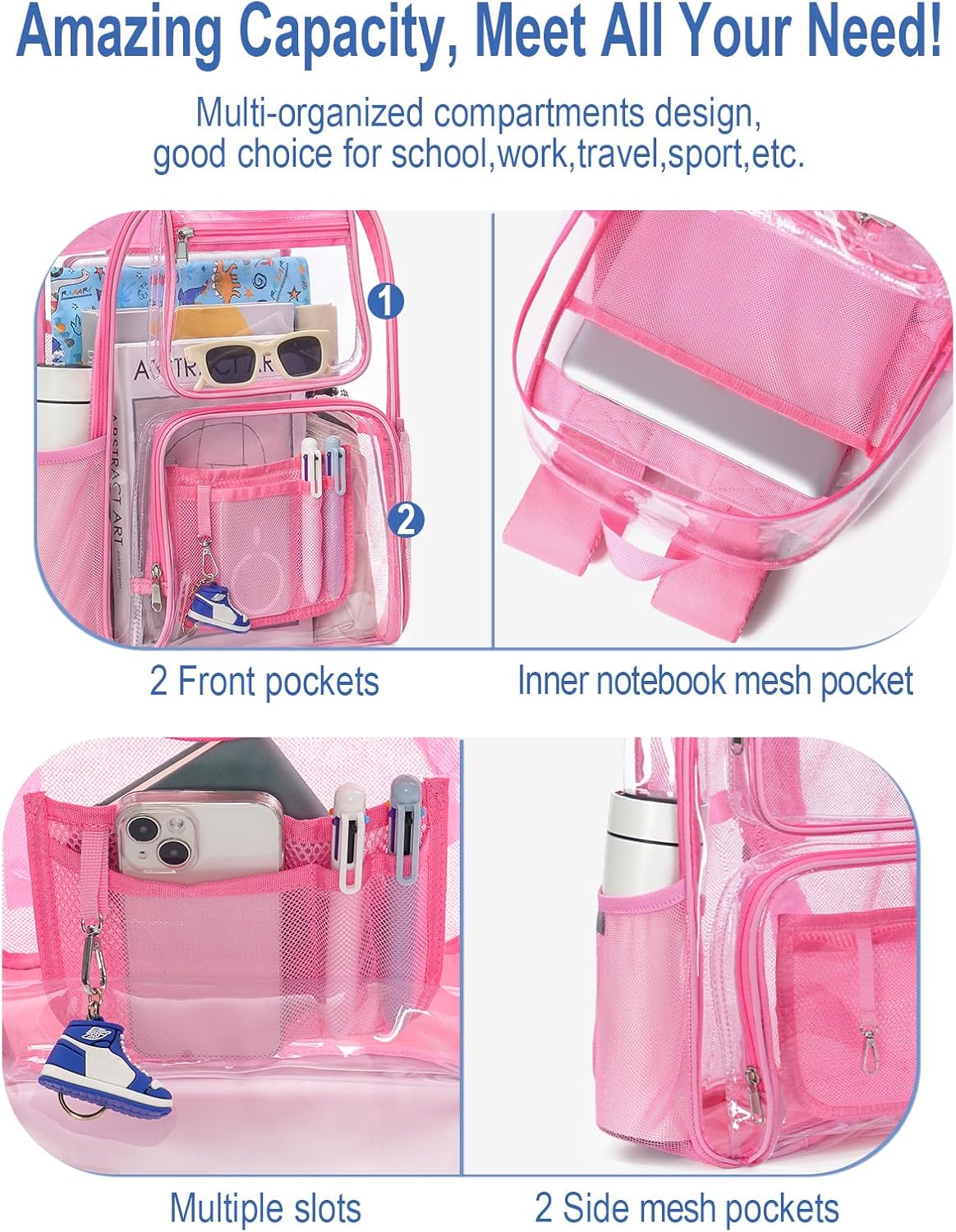 Heavy Duty Clear Backpack For Kids Women Men Boys Girls, 17 Inch Large See Through Backpack, Clear Bookbag With An Extra Pouch Accessories, Transparent Bag For School College Sport Travel, Pink