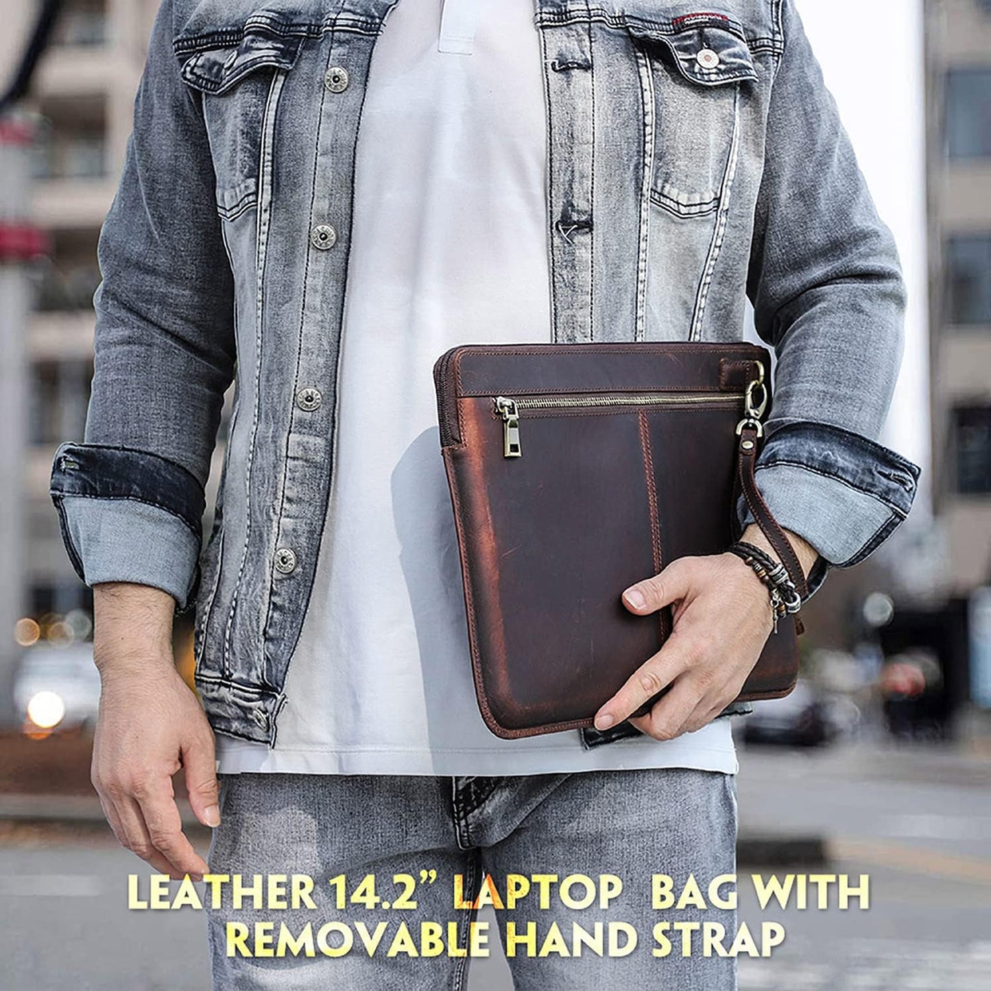 Top Grain Leather 14.2" Laptop Case Bag, Zip Pockets Design, Compatible with MacBook Air 13" M2 A2681 M1 A2337 A2179 A1932/Pro 13" M2 M1 A2338 A2251 A2289 A2159 A1989 A1706, Coffee 14.2 Inch
