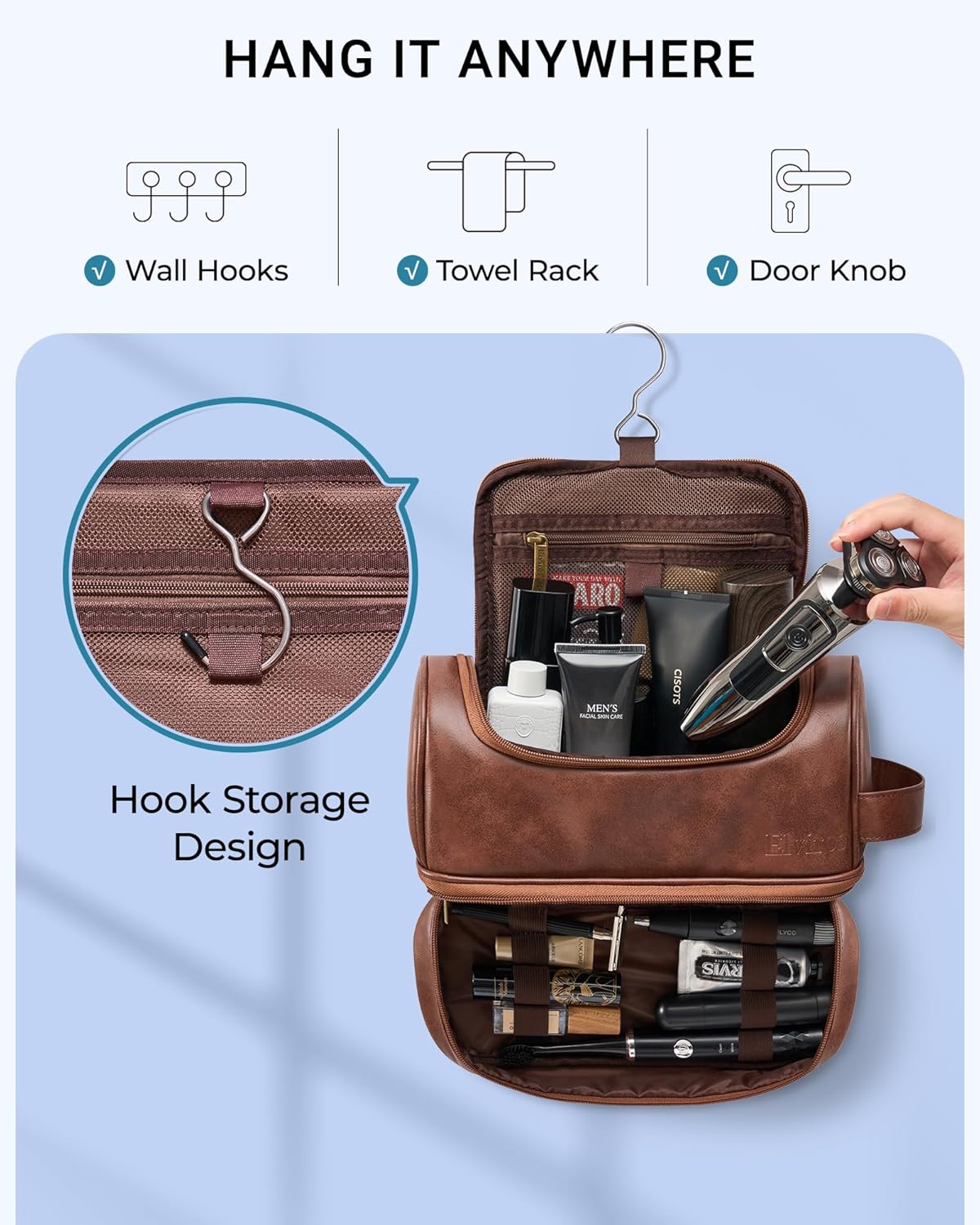 Elviros Toiletry Bag for Mens PU Leather Travel Organizer Kit with Hanging hook, Large Water-resistant Toiletries Bathroom Shaving Bags (Extra Large, Dark Brown)