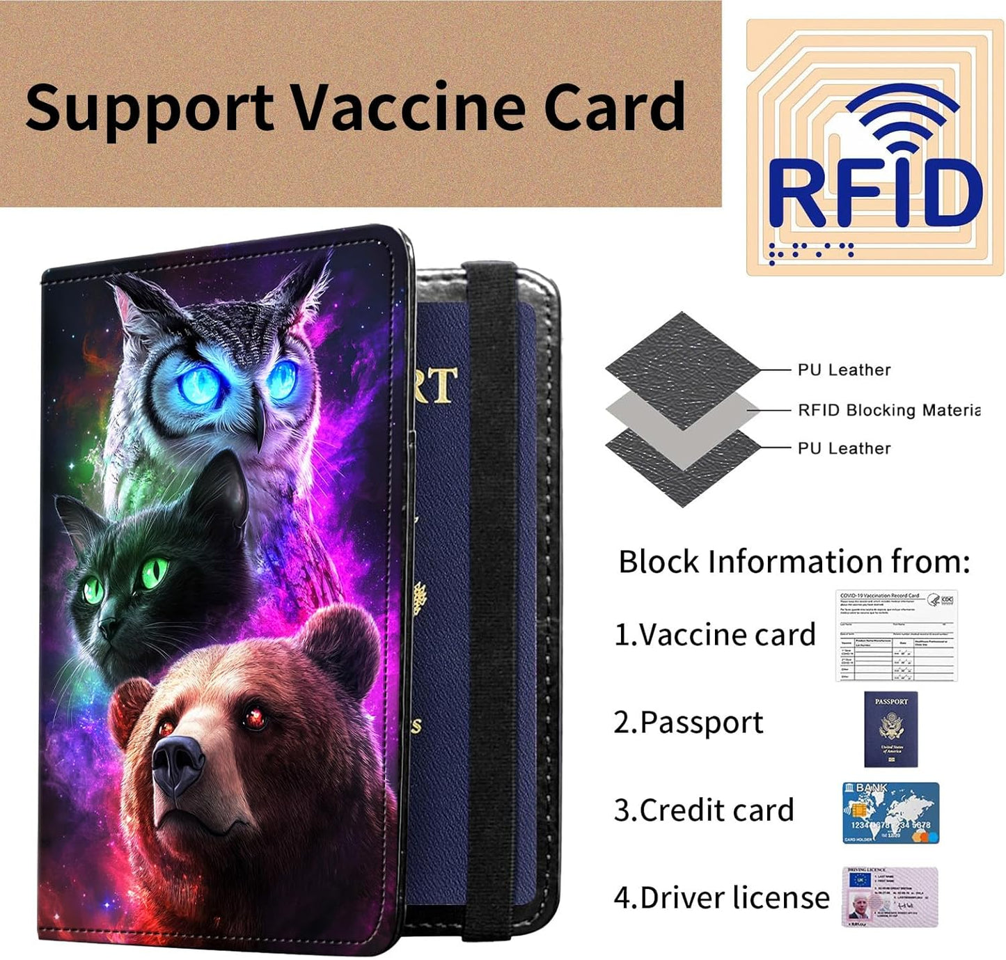 Passport and Vaccine Card Holder Cover Combo,Travel Passport Holder Wallet with RFID Blocking, Leather Vaccine Card Slot Passport Cover Case for Women & Men,Owl Cat and Bear