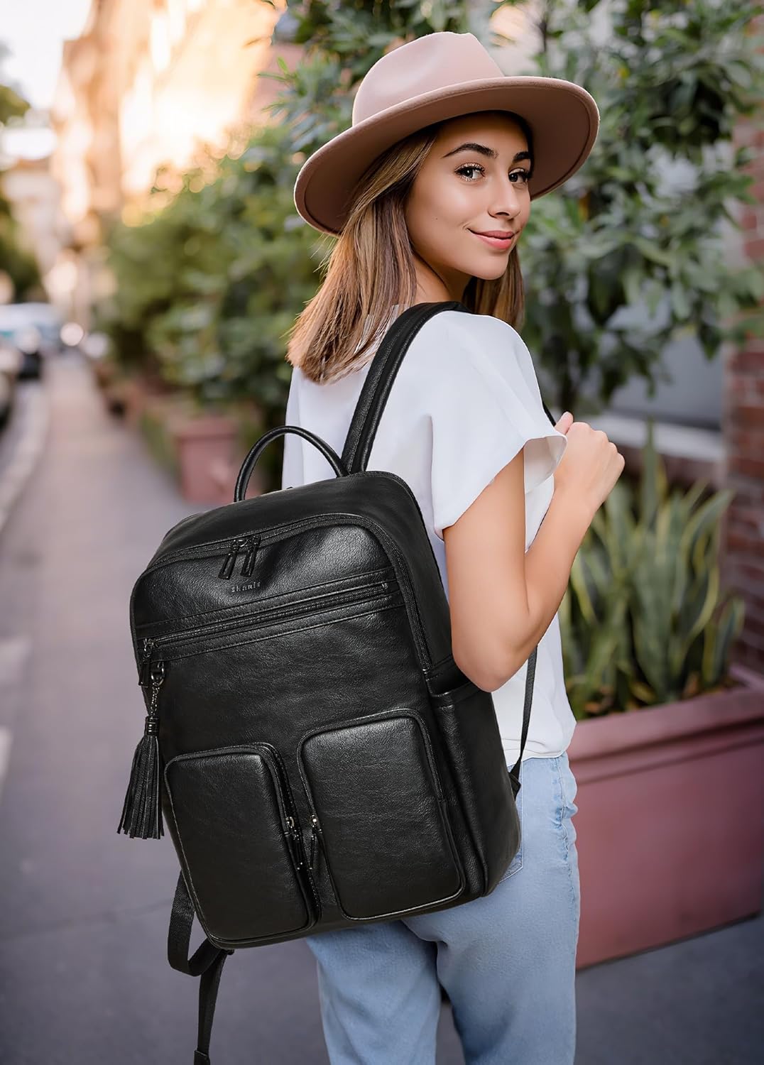 Shrrie Laptop Backpack for Women 16 Inch,Vegan Leather Travel Backpack Purse Work Business Computer Backpacks Teacher Nurse College Laptop Bookbag Casual Daypack,Two-toned Black