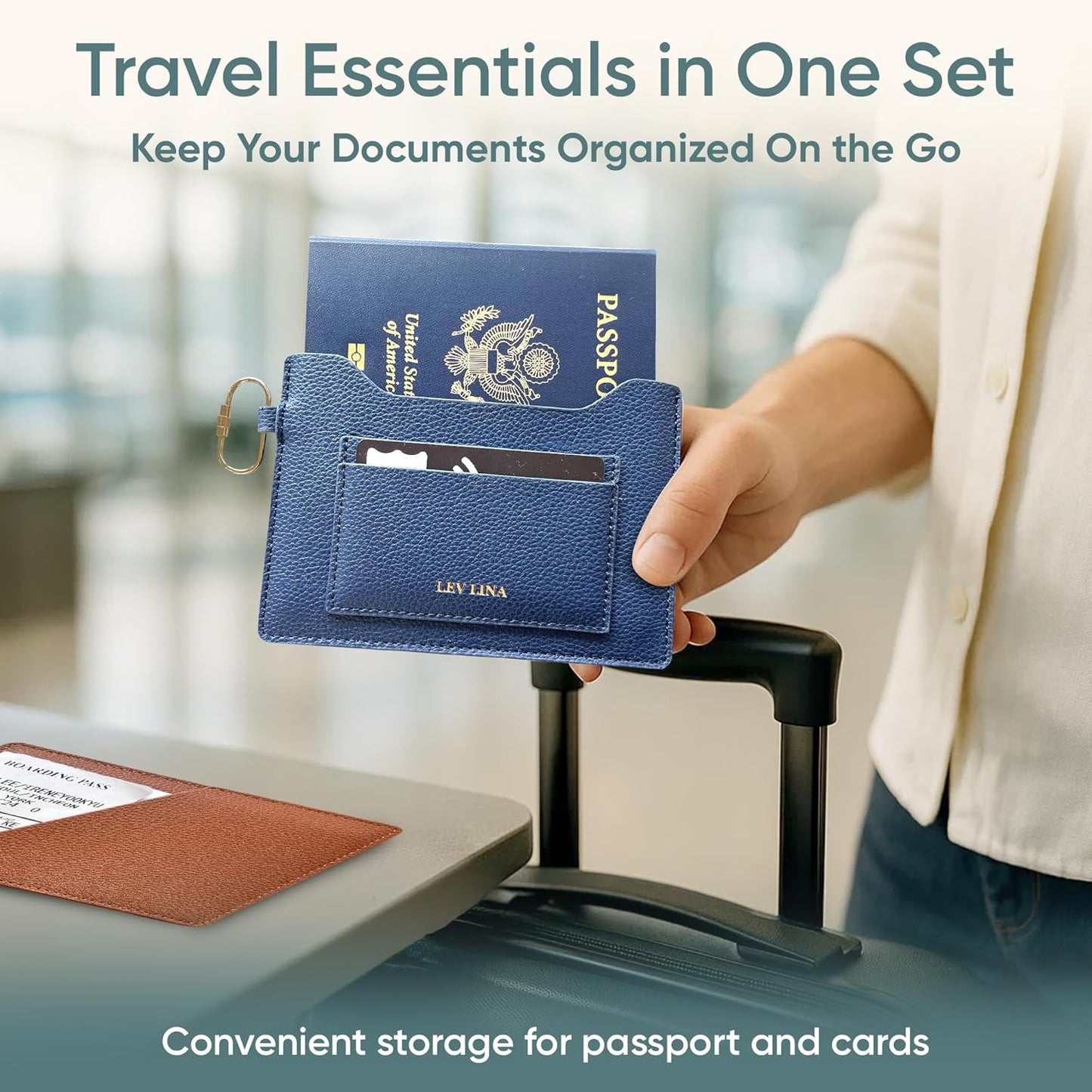 Passport Holder for Travel RFID Blocking Slim Leather Passport Wallet & Passport Book Cover Case with Gold Tone Screw Carabiner and Gift Pouch, Airport Essentials (NAVY)