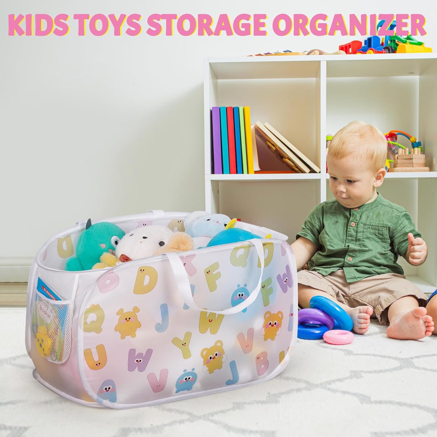 Collapsible Pop Up Hamper for Baby Clothes or Toys Storage, Mesh Hamper with Handles & Side Pocket, Multi-Use Laundry Hamper & Toy Basket, Portable for Home, Travel, Dorm (White-Horizontal)