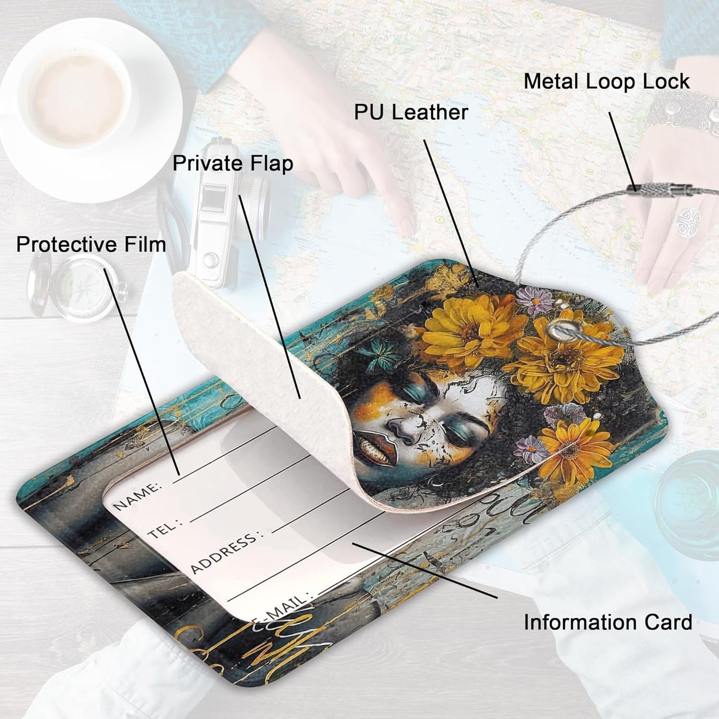 2 Pack Leather Luggage Tag for Suitcase African Girl Art Unique Travel Tags with Privacy Cover ID Label & Stainless Steel Loop for Men and Women Baggage