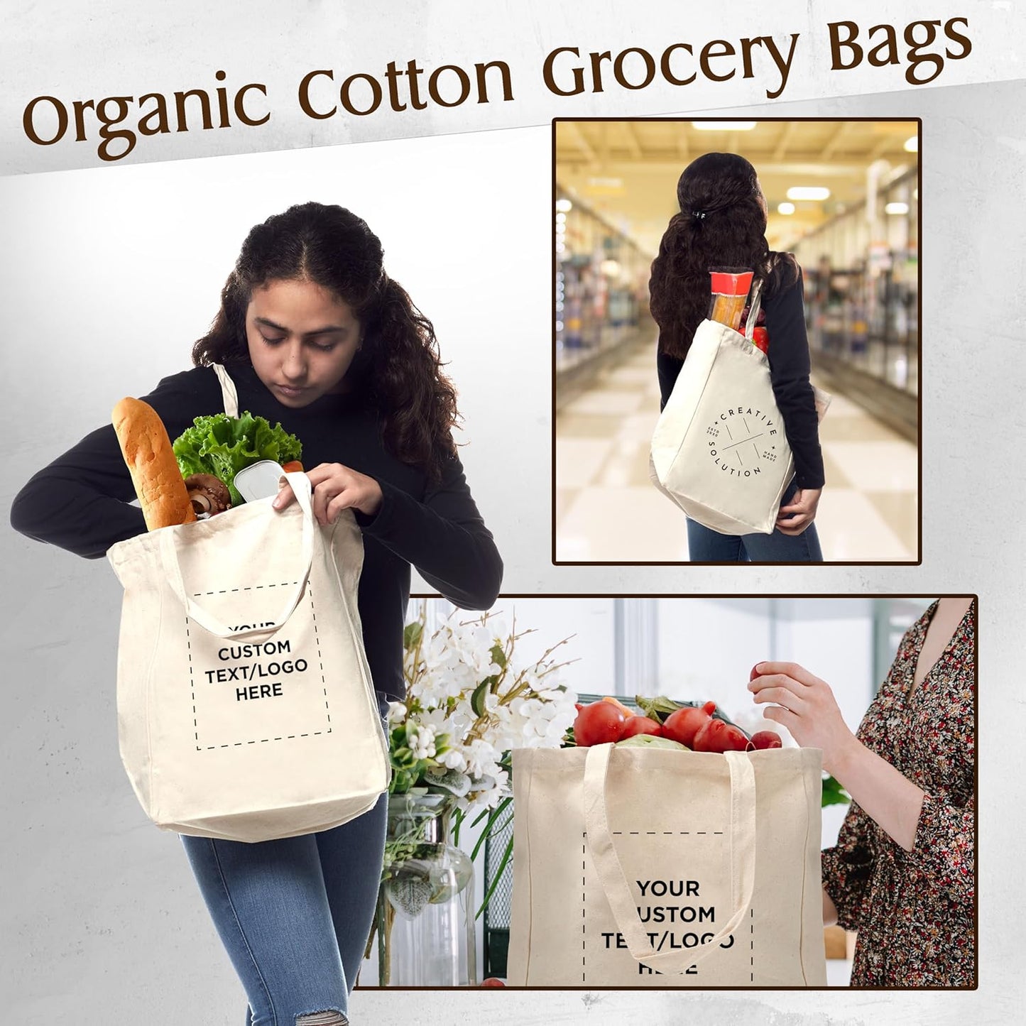 DISCOUNT PROMOS Custom Cotton Canvas Tote Bags (Set of 10) - Personalized, Reusable & Eco-Friendly - Perfect for Grocery, Promotions, Branding - Natural Color, 14.25"X15.5"X5", 10 OZ Cotton