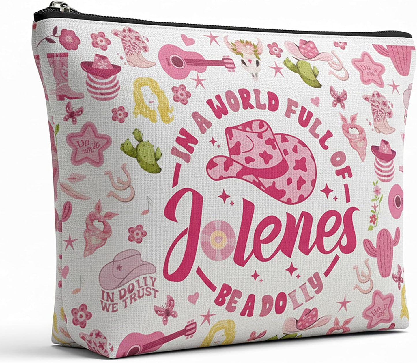 Pink Cowgirls Makeup Bag, Country Music Lover Gift Silky Lining Cosmetic Pouch, Western Country Pink Dolly Theme Gift for Women Country Music Fans