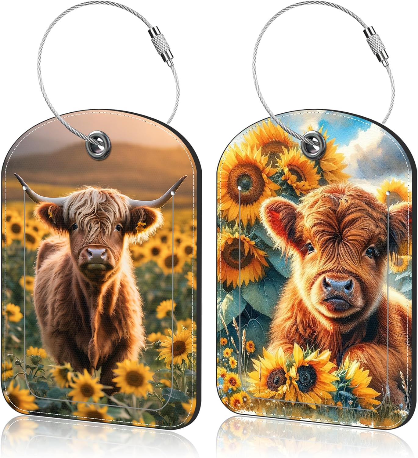 2 PCS Leather Luggage Tags for Suitcase Highland Cow in Field of Sunflower Travel Luggage Tag with Privacy Flap Name ID Label and Metal Loop for Travel Bag Suitcase