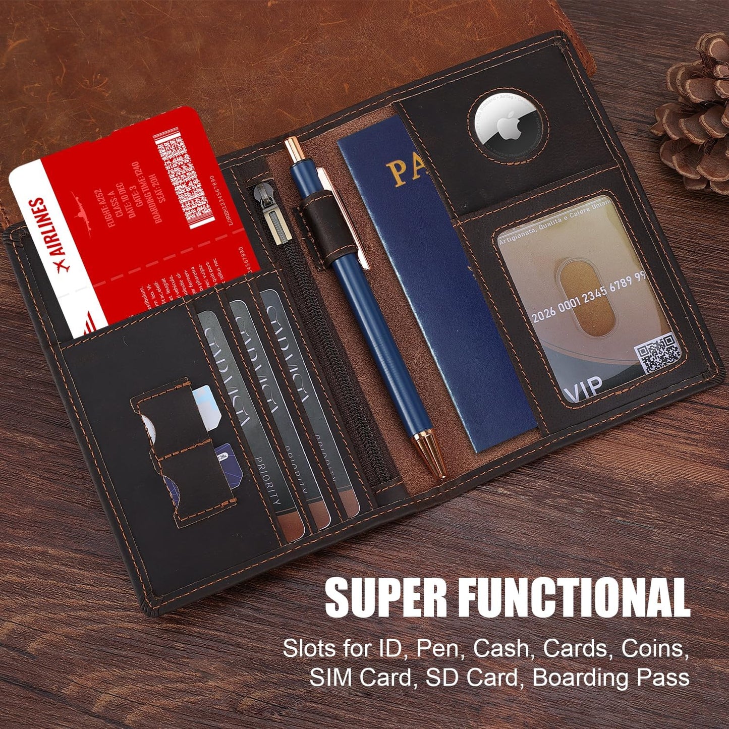 STAR VISTA Phoenix Leather Passport Holder, Cowhide Leather Travel Wallet - RFID Blocking, ID Window, Zipper Pocket, Pen & Notebook Included, AirTag Holder, Dark Chocolate