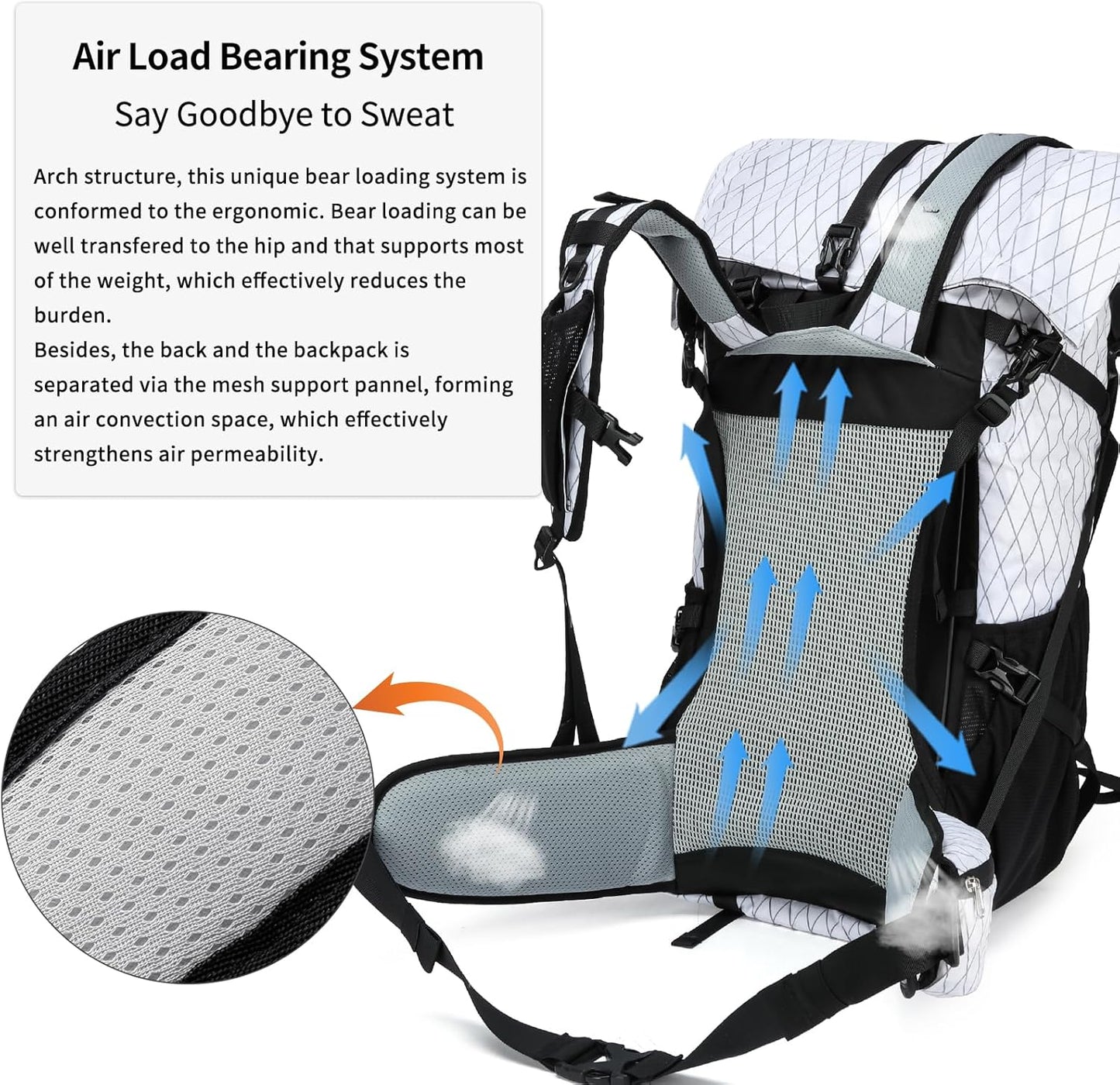 Hiking Backpack,40L Extra Large Capacity Hiking Bag,Internal Frame Camping Backpack,Upgraded X-PAC Lightweight Sport Daypack Travel Backpacks Fit For Mountain Climbing Camping (White)