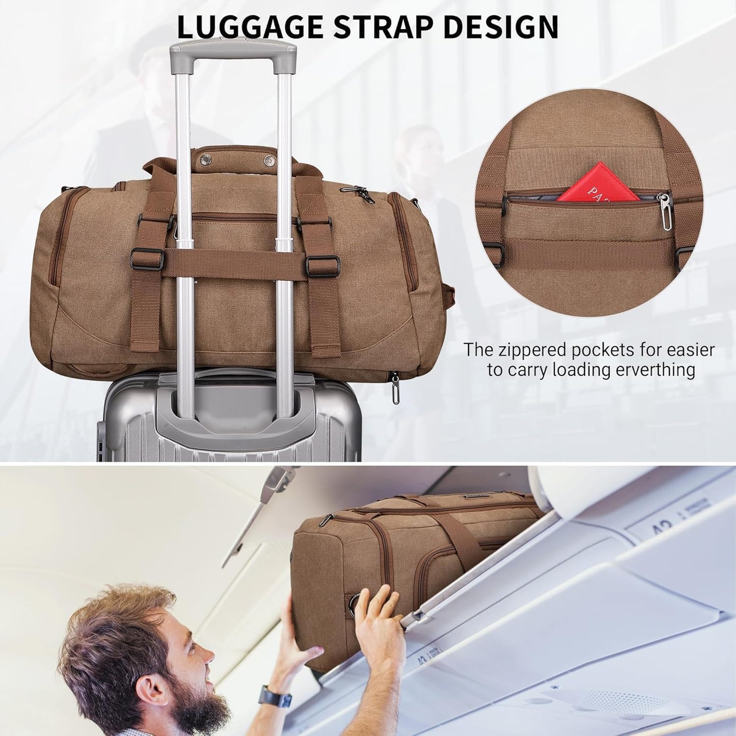 WITZMAN Canvas Duffel Bags for Men Traveling 3 in 1 Backpack Carry-on 40L Weekender Overnight Bag with Shoe Compartment(A8006/2 Brown)