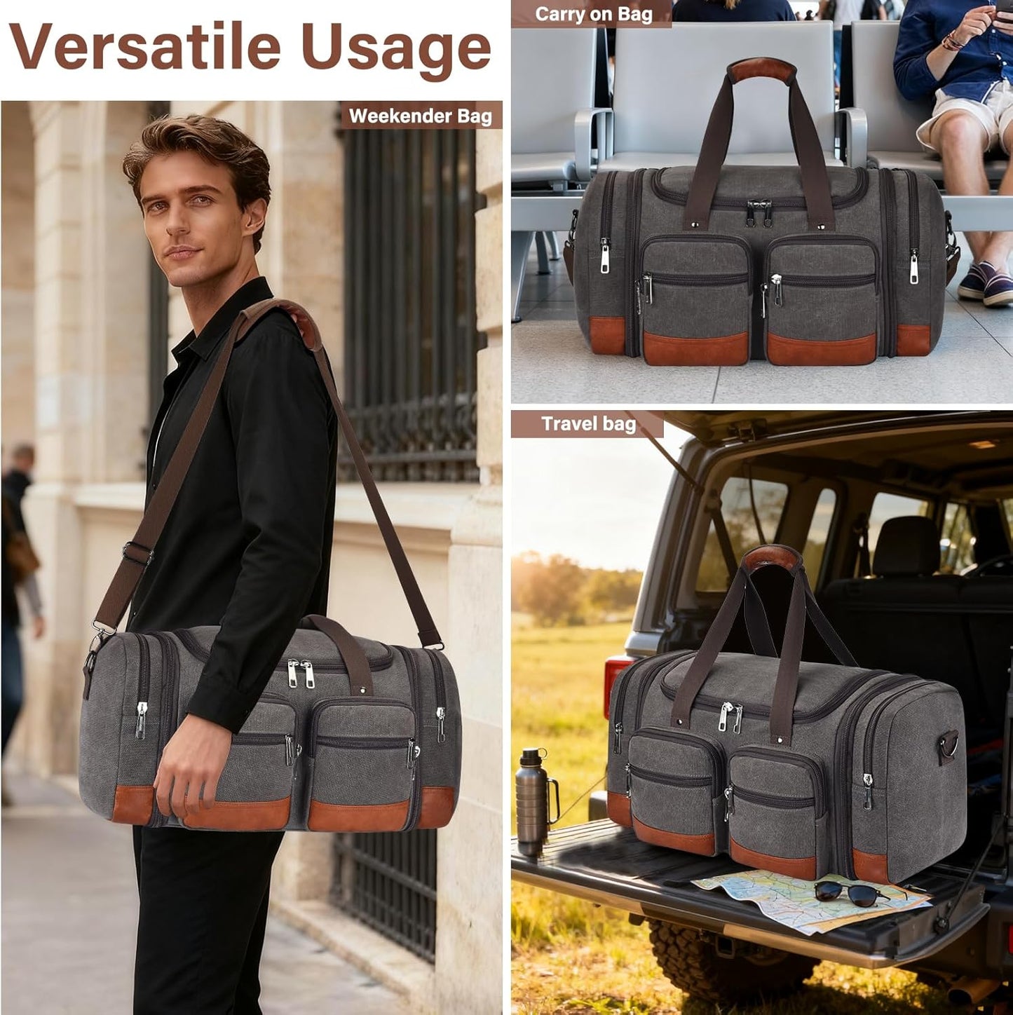 Canvas Duffle Bag For Travel, 50L Expandable Carry on Overnight Travel Duffel Bags with Laptop Compartments Weekend Gym Bag for Men(Grey)