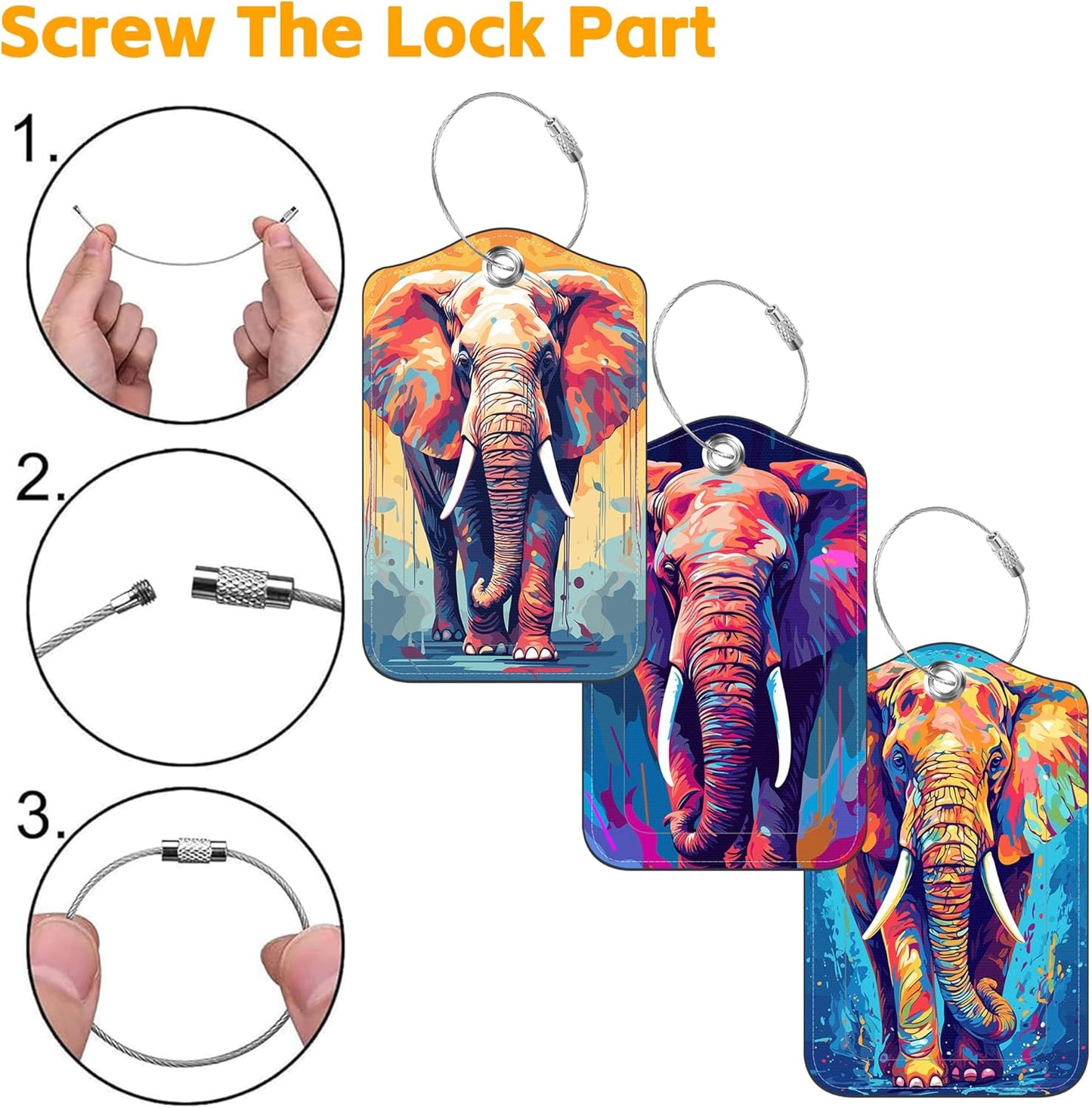 Luggage Tags for Suitcase 3 PCS Psychedelic Elephant Leather Travel Luggage Tag with Stainless Steel Loop Name ID Label Privacy Cover for Women Men Travel