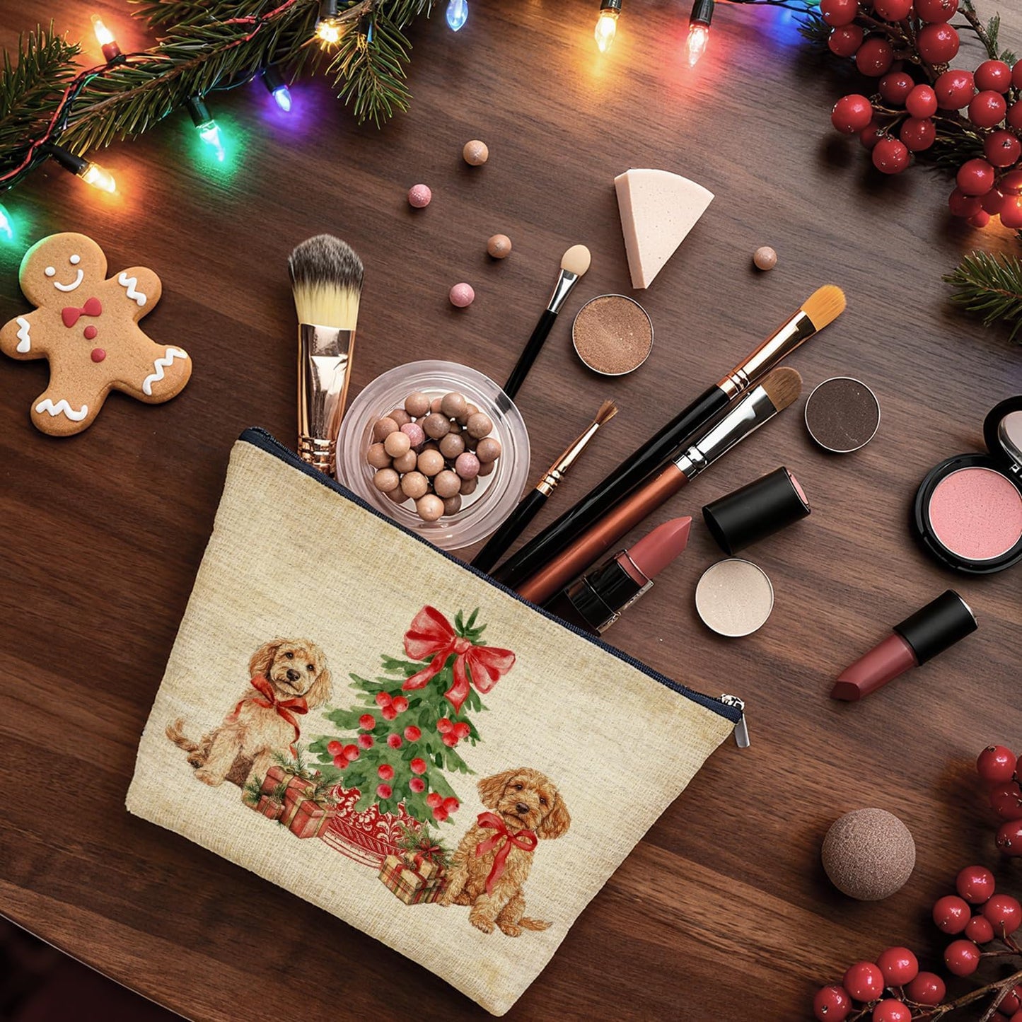 Red Chinoiserie Christmas Labradoodle Dog Makeup Bag Gifts for Women, Coquette Grandmillennial Labradoodle Cosmetic Bag, Rustic Xmas Dog Holiday Zipper Makeup Pouch Travel Toiletry Bag