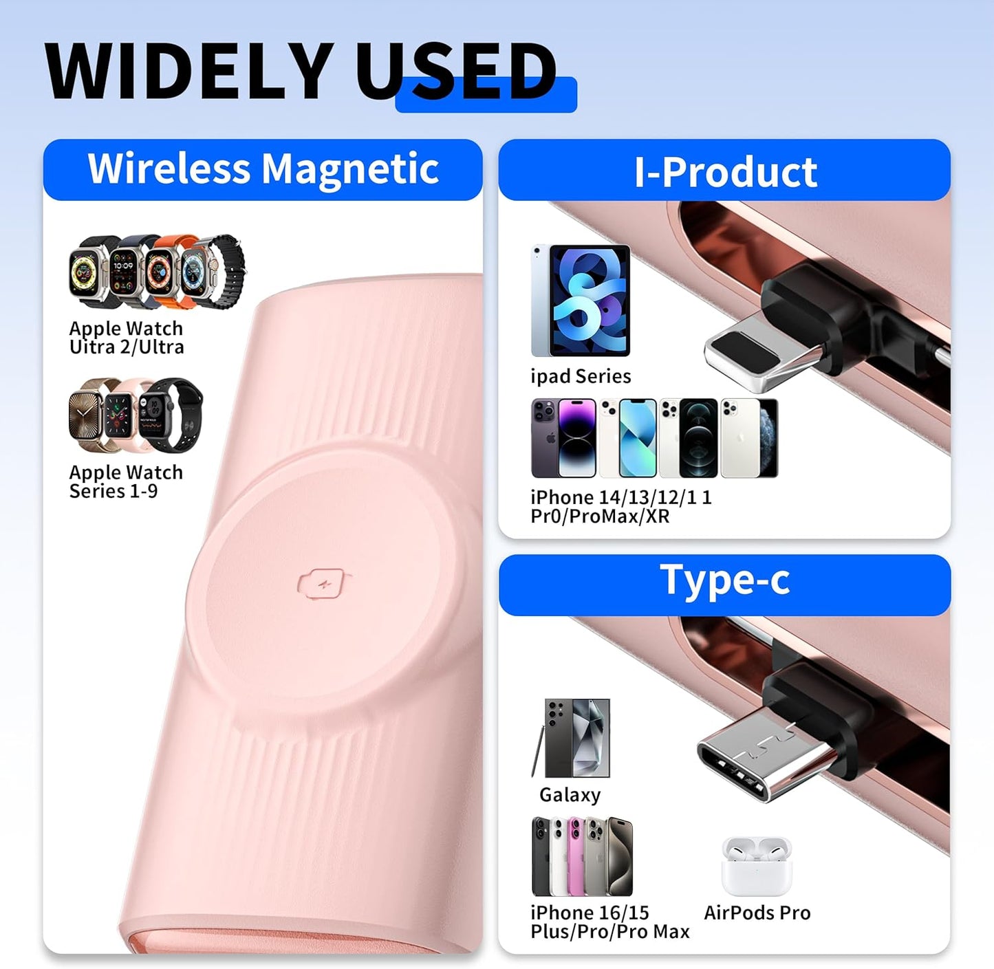 ZBF Portable Charger, 5000mAh Pocket-Size Power Bank, 20W PD Fast Charging with Built-in USB-C Charging Port, Travel Battery Pack for Apple Watch Ultra SE/11/10/9/8 Phone 17/16/15 etc. (Light Pink)